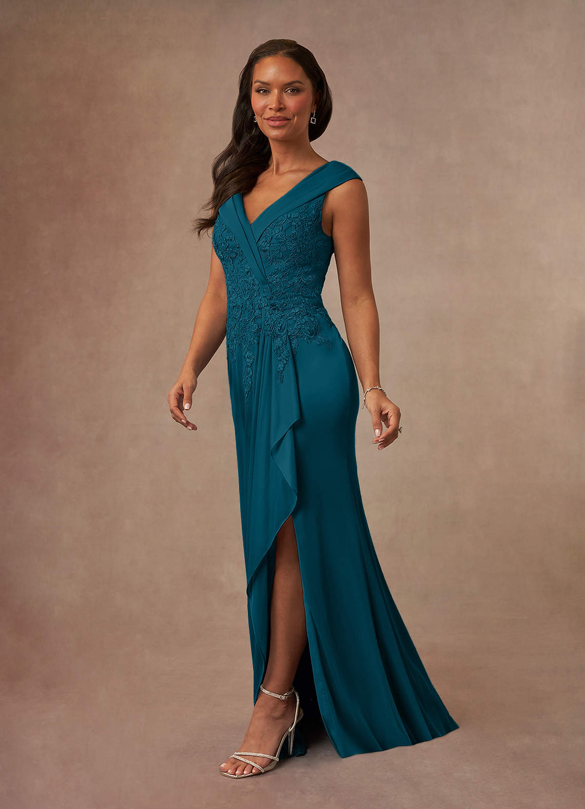 Calathea A-Line V-Neck Lace and Mesh Mother of the Bride Dress in Ink Blue