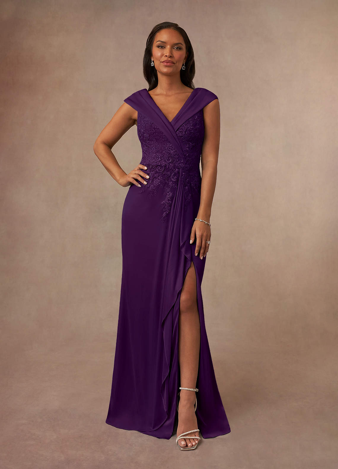 Calathea A-Line V-Neck Lace and Mesh Mother of the Bride Dress in Grape