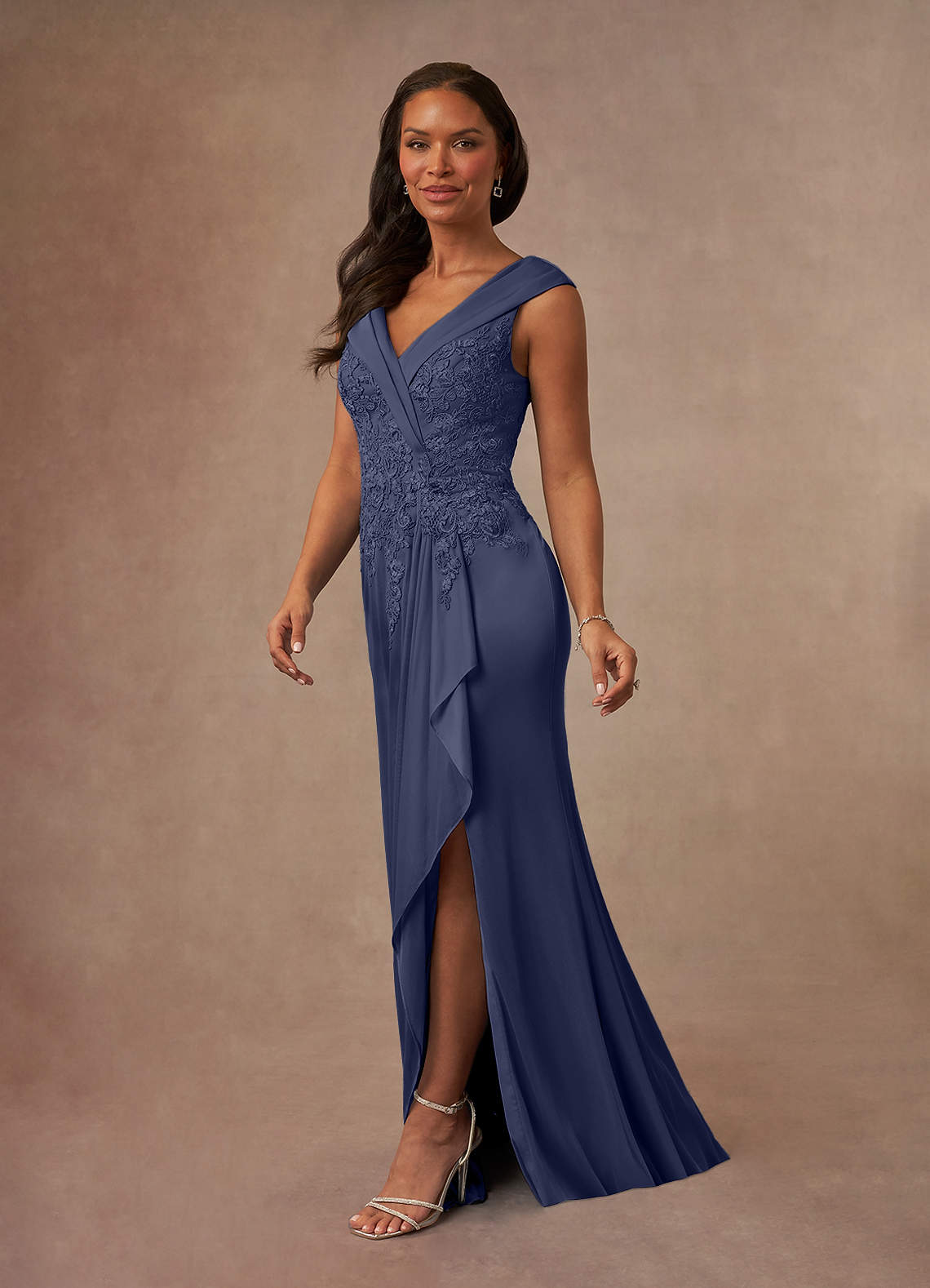 Calathea A-Line V-Neck Lace and Mesh Mother of the Bride Dress in Stormy