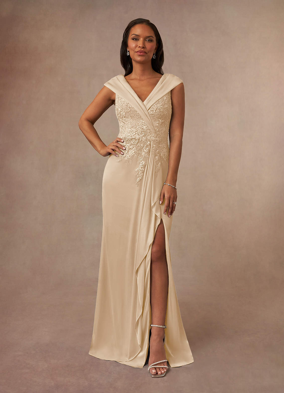Calathea A-Line V-Neck Lace and Mesh Mother of the Bride Dress in taupe