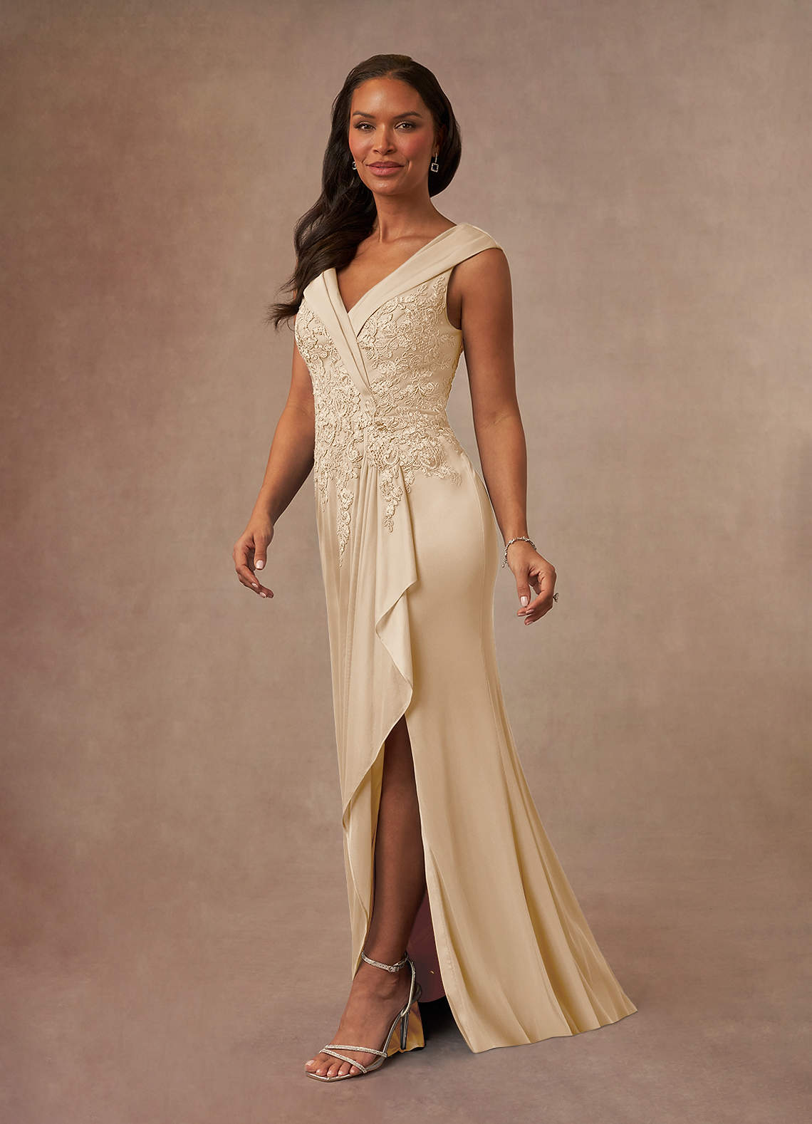 Calathea A-Line V-Neck Lace and Mesh Mother of the Bride Dress in taupe