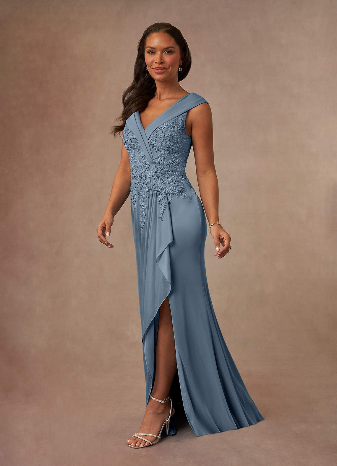 Calathea A-Line V-Neck Lace and Mesh Mother of the Bride Dress in dusty blue