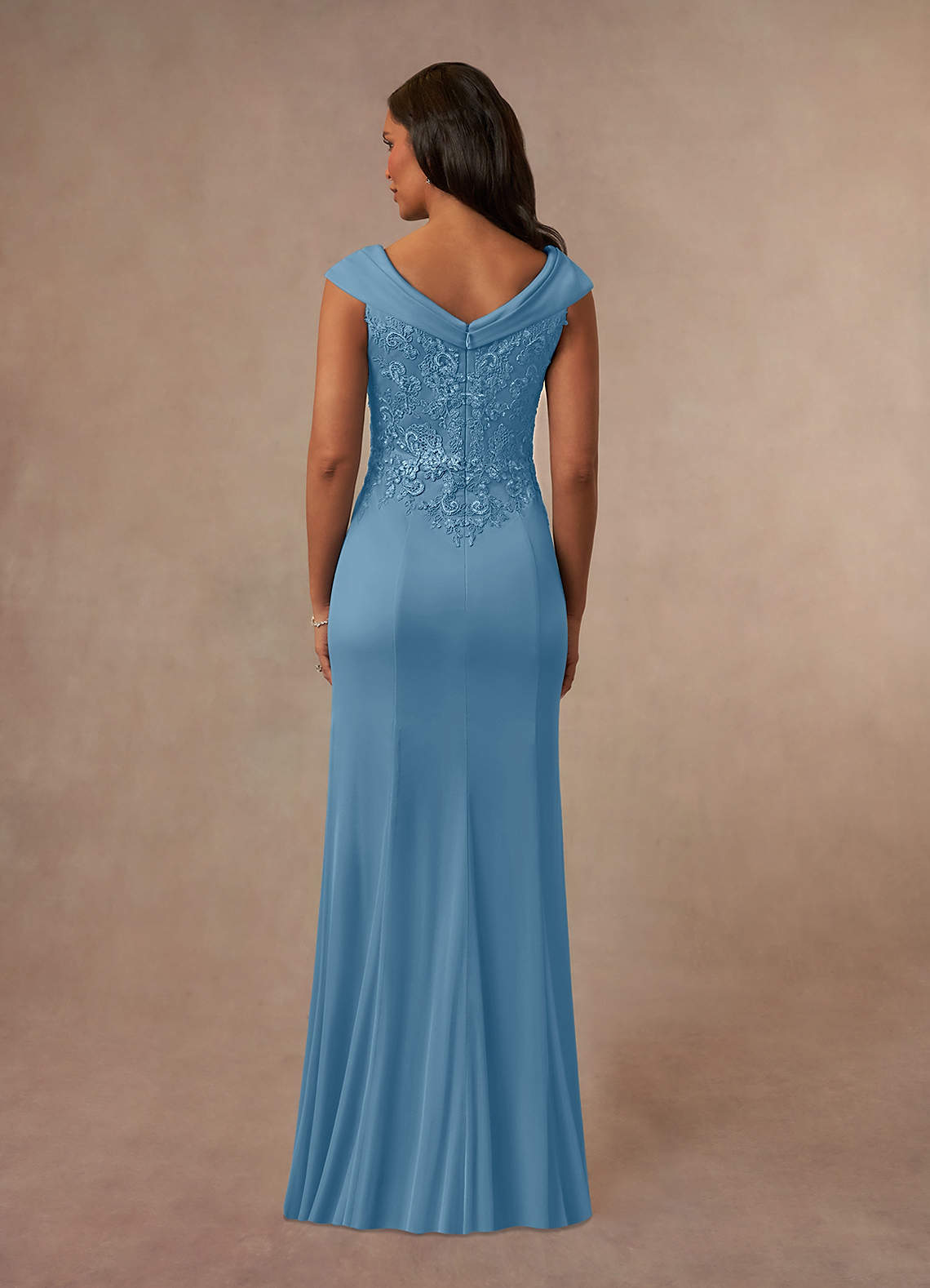 Calathea A-Line V-Neck Lace and Mesh Mother of the Bride Dress in Steel Blue