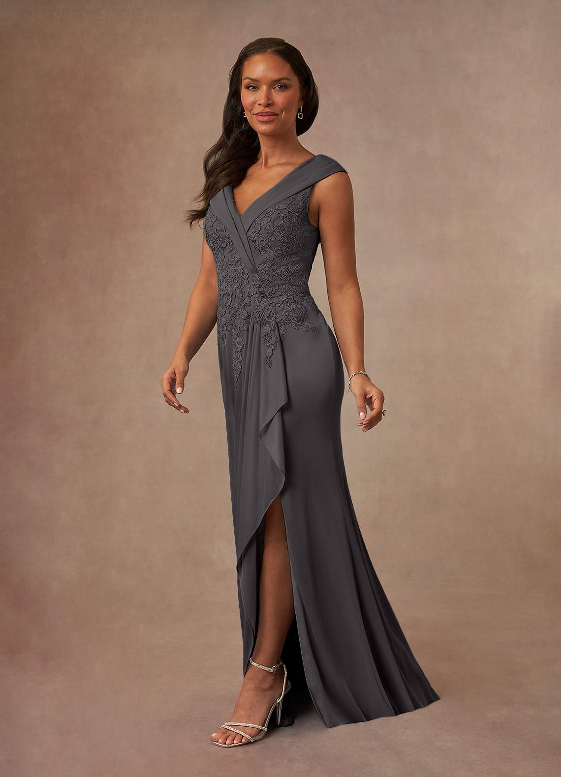 Calathea A-Line V-Neck Lace and Mesh Mother of the Bride Dress in black