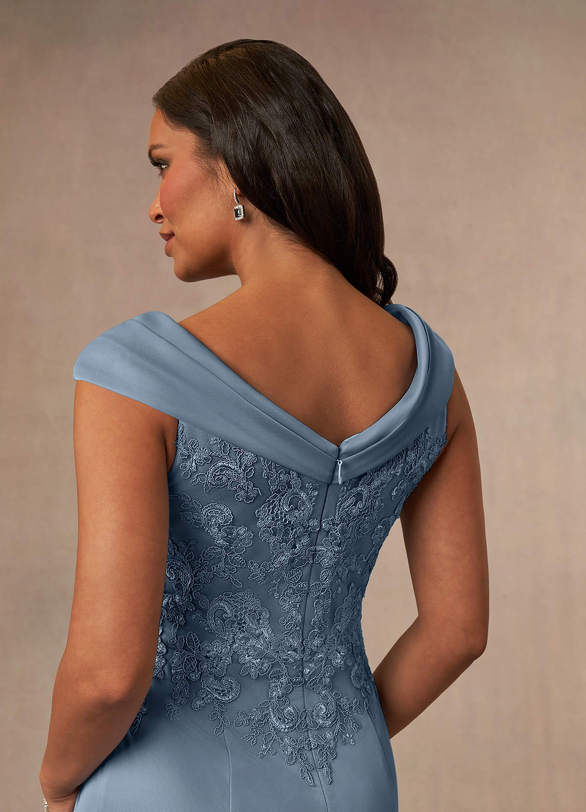 Calathea A-Line V-Neck Lace and Mesh Mother of the Bride Dress in dusty blue