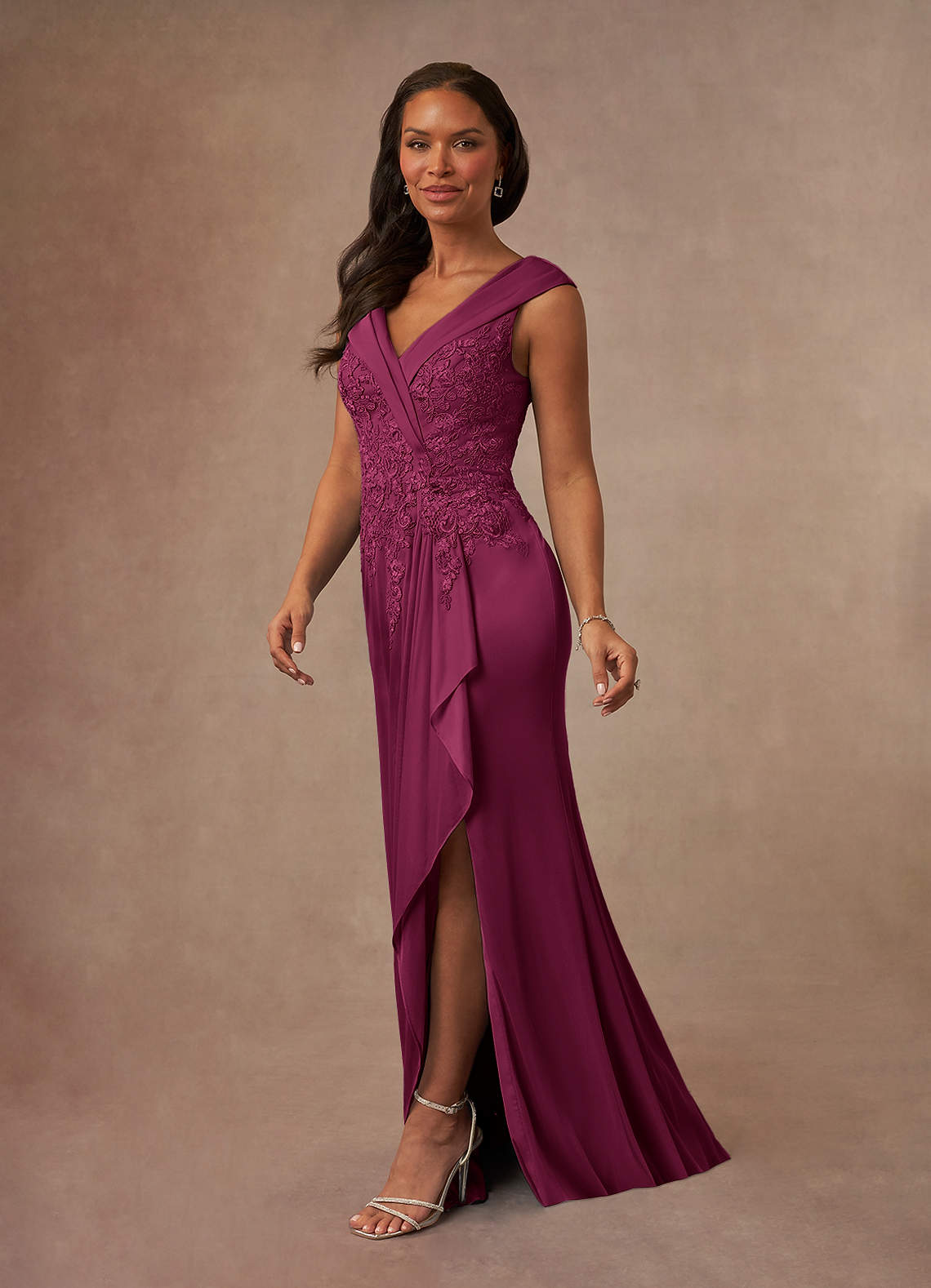 Calathea A-Line V-Neck Lace and Mesh Mother of the Bride Dress in Mulberry