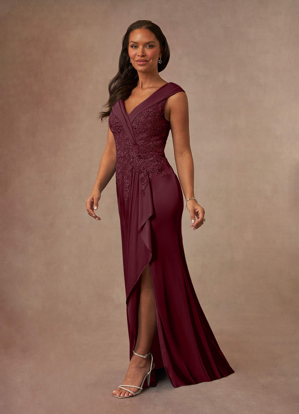 Calathea A-Line V-Neck Lace and Mesh Mother of the Bride Dress in Cabernet