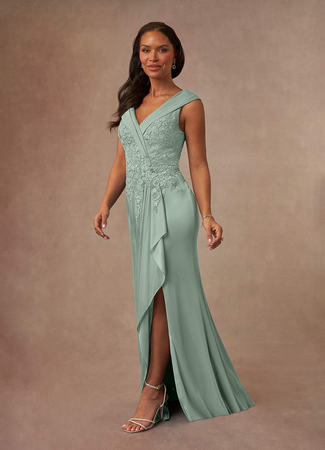 Calathea A-Line V-Neck Lace and Mesh Mother of the Bride Dress in Agave