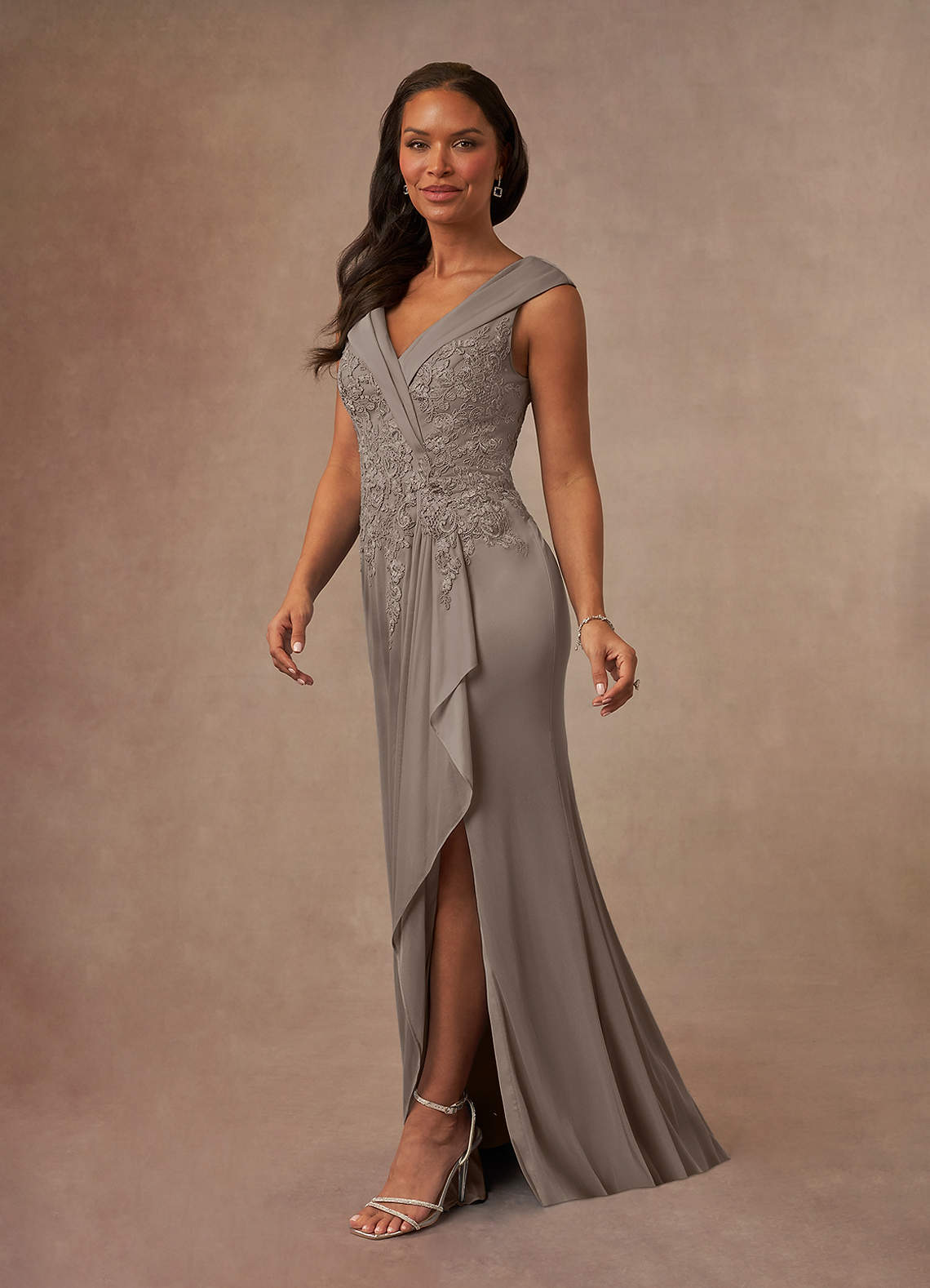 Calathea A-Line V-Neck Lace and Mesh Mother of the Bride Dress in Steel Grey