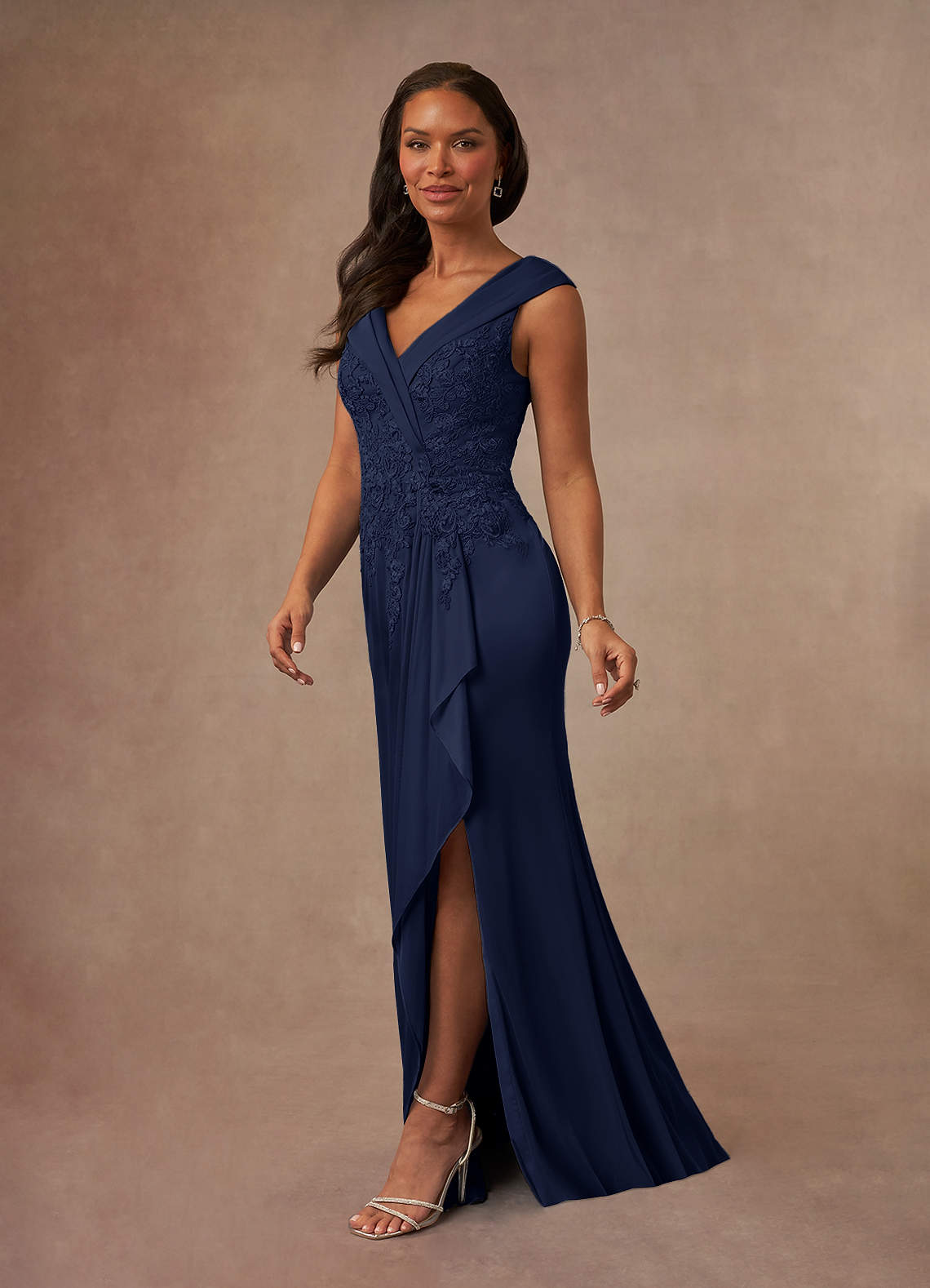 Calathea A-Line V-Neck Lace and Mesh Mother of the Bride Dress in Dark Navy