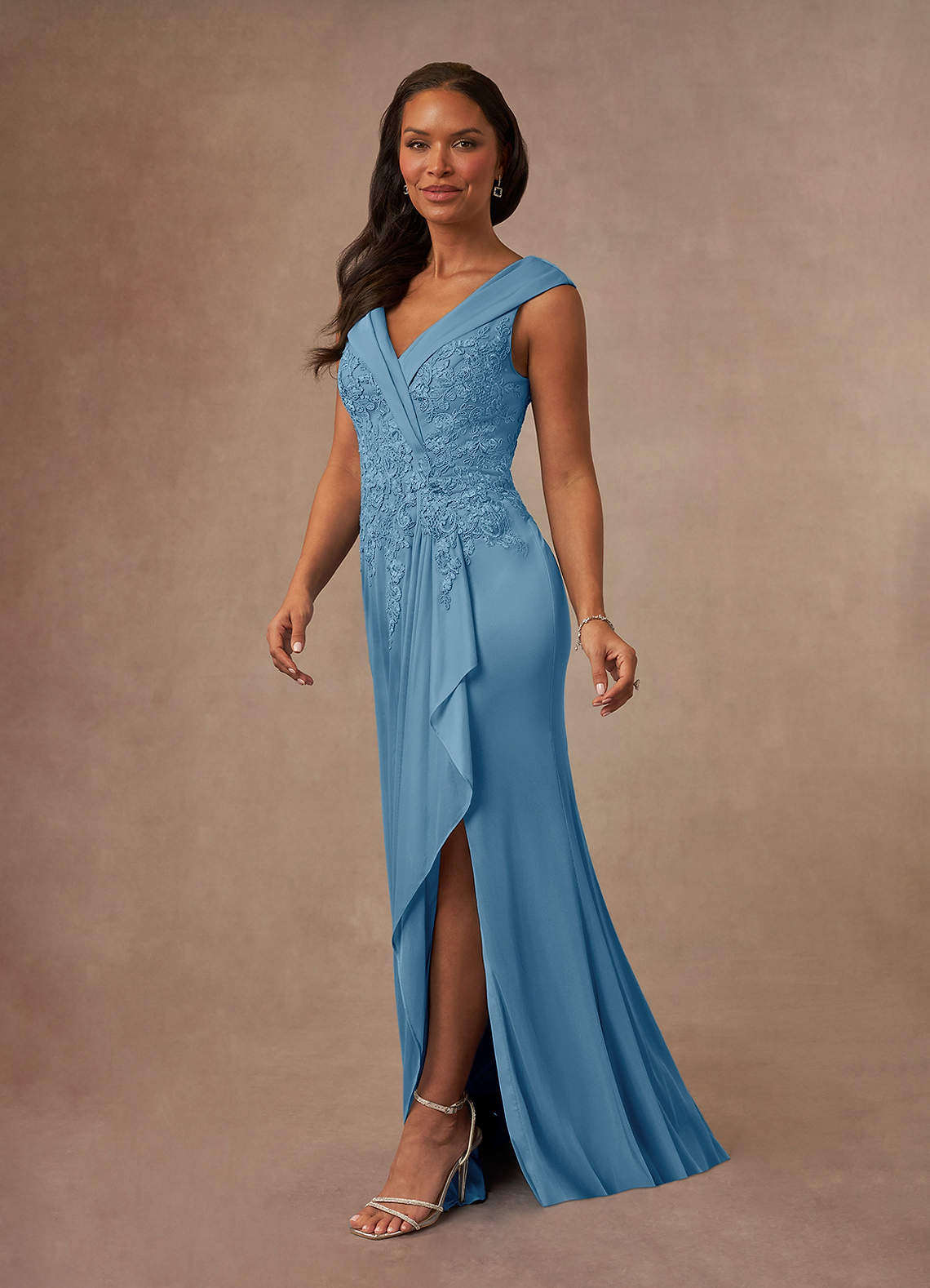 Calathea A-Line V-Neck Lace and Mesh Mother of the Bride Dress in Steel Blue