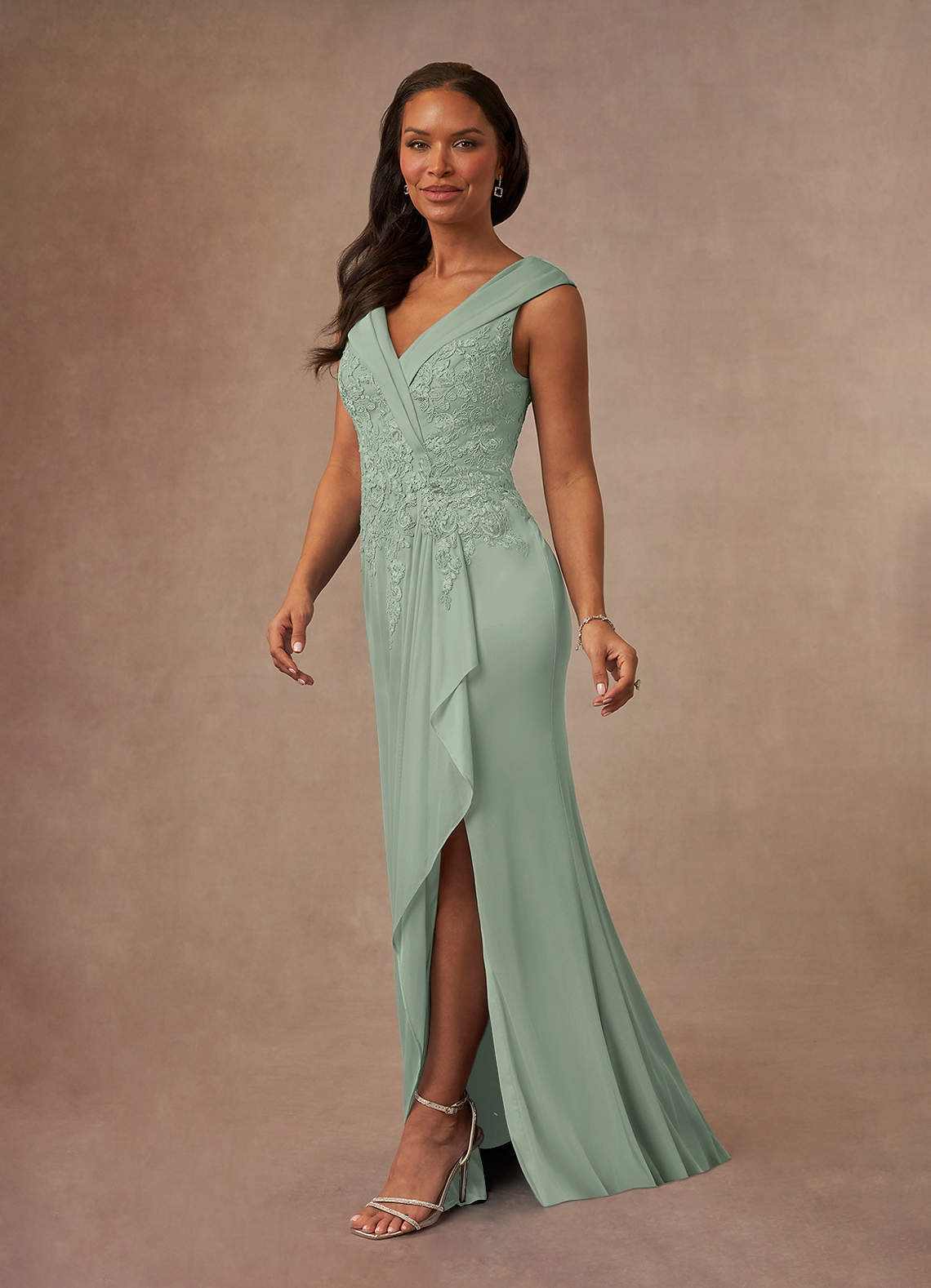 Calathea A-Line V-Neck Lace and Mesh Mother of the Bride Dress in Dusty Sage