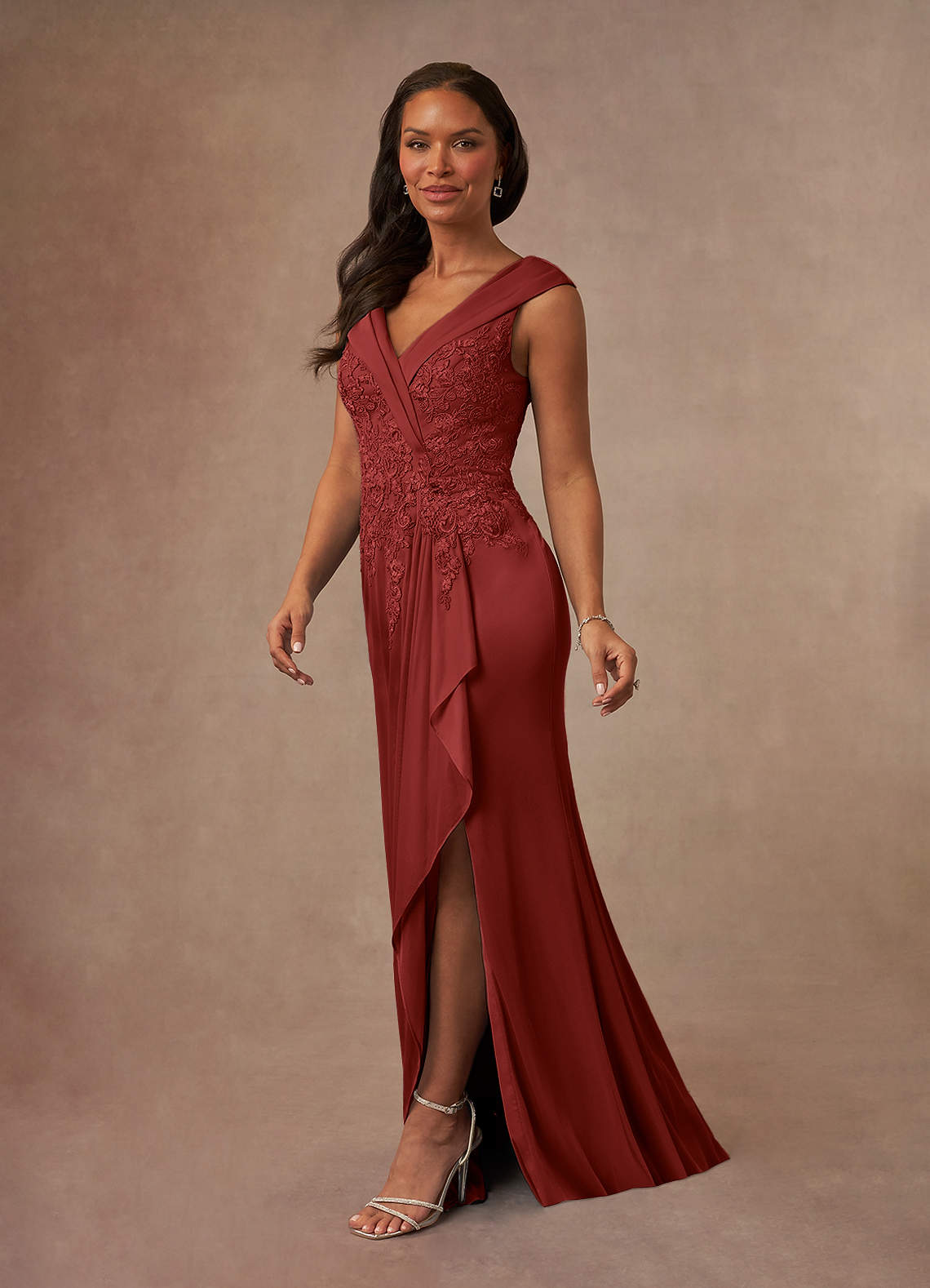 Calathea A-Line V-Neck Lace and Mesh Mother of the Bride Dress in Rust