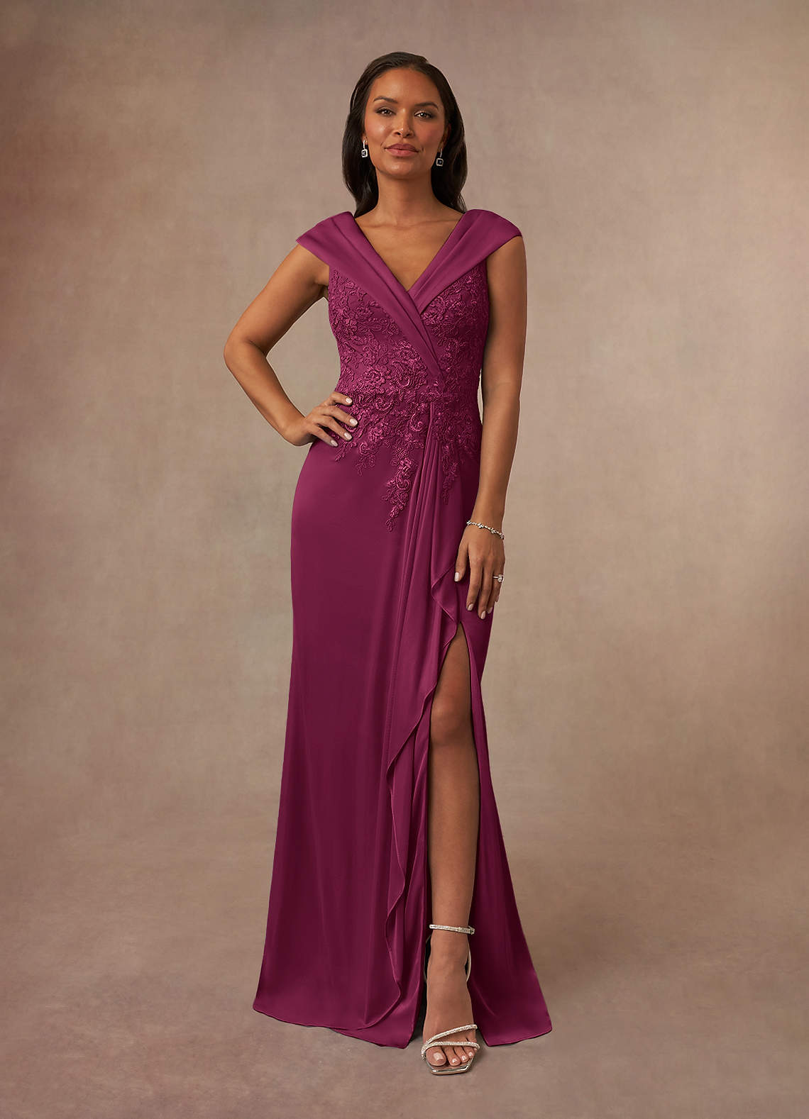 Calathea A-Line V-Neck Lace and Mesh Mother of the Bride Dress in Mulberry