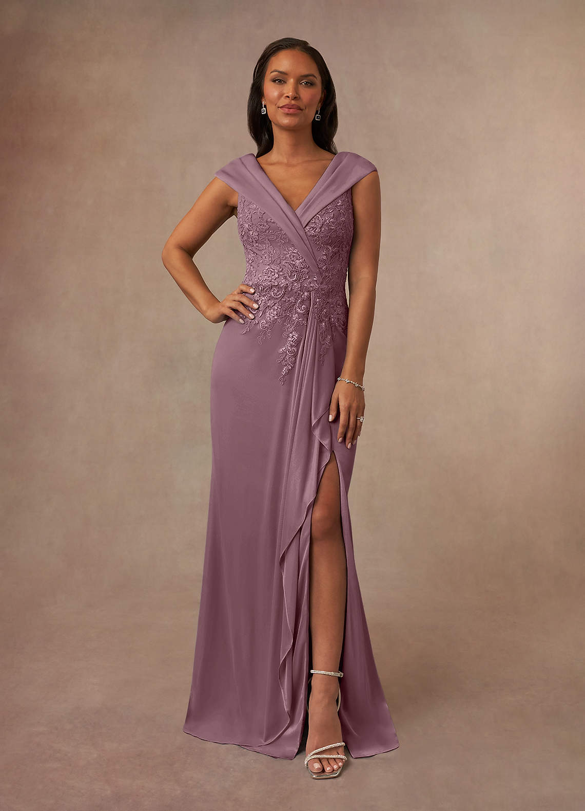 Calathea A-Line V-Neck Lace and Mesh Mother of the Bride Dress in Dusty Rose