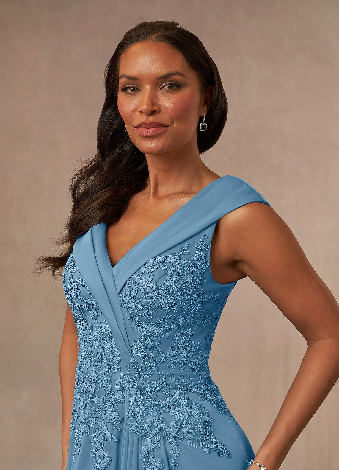 Calathea A-Line V-Neck Lace and Mesh Mother of the Bride Dress in Steel Blue