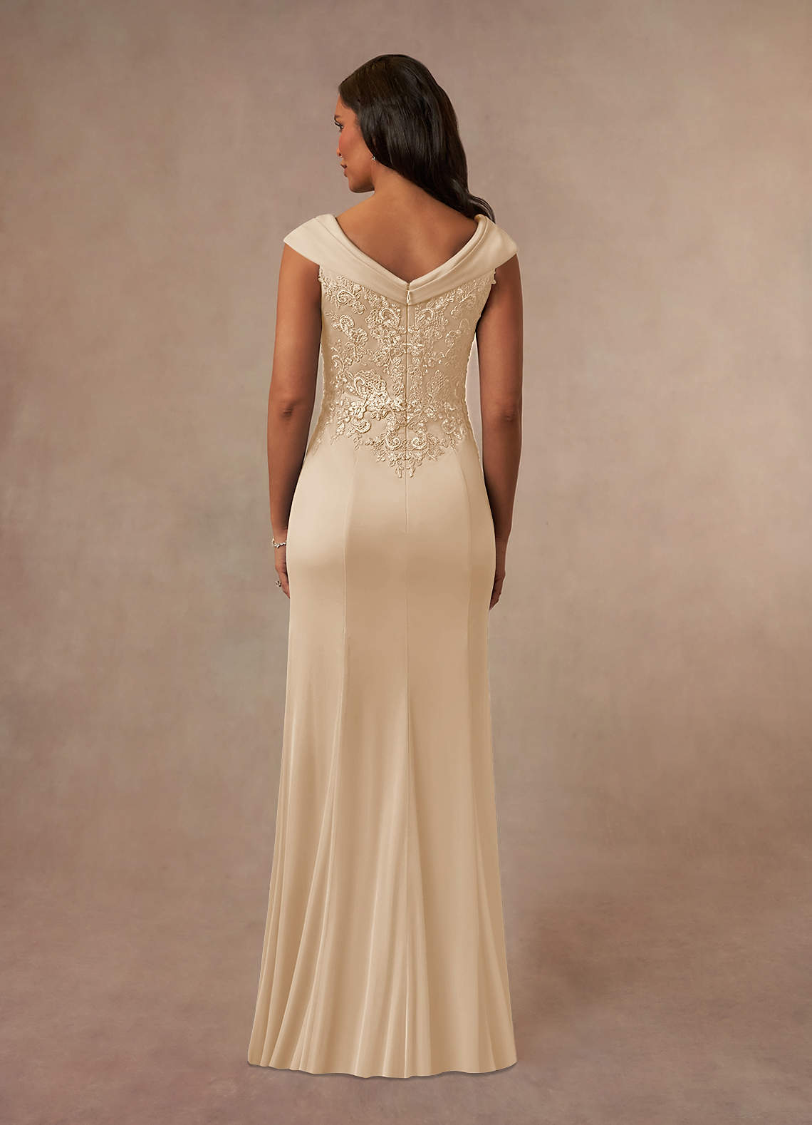 Calathea A-Line V-Neck Lace and Mesh Mother of the Bride Dress in taupe
