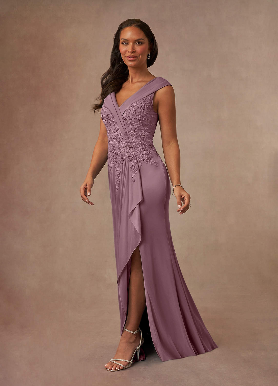 Calathea A-Line V-Neck Lace and Mesh Mother of the Bride Dress in Dusty Rose