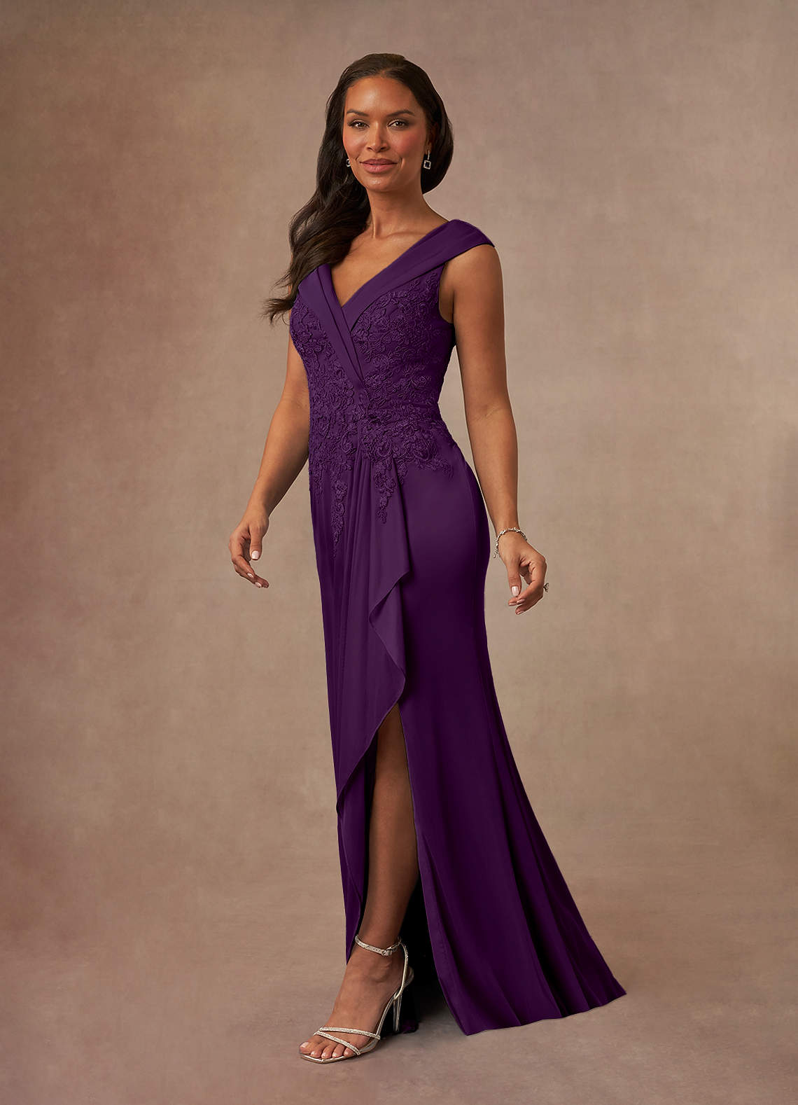 Calathea A-Line V-Neck Lace and Mesh Mother of the Bride Dress in Grape