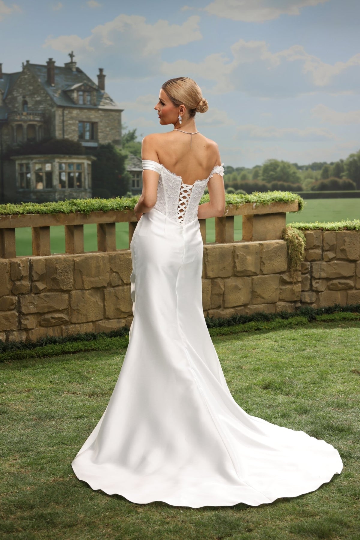 Calia Sheath Off-the-Shoulder Sweetheart wedding dress — back view