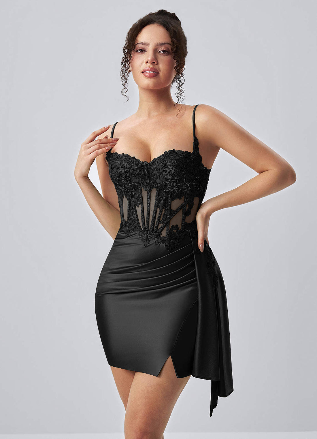 Calisthenia Bodycon Mini Corset Lace Satin Prom Dress in black