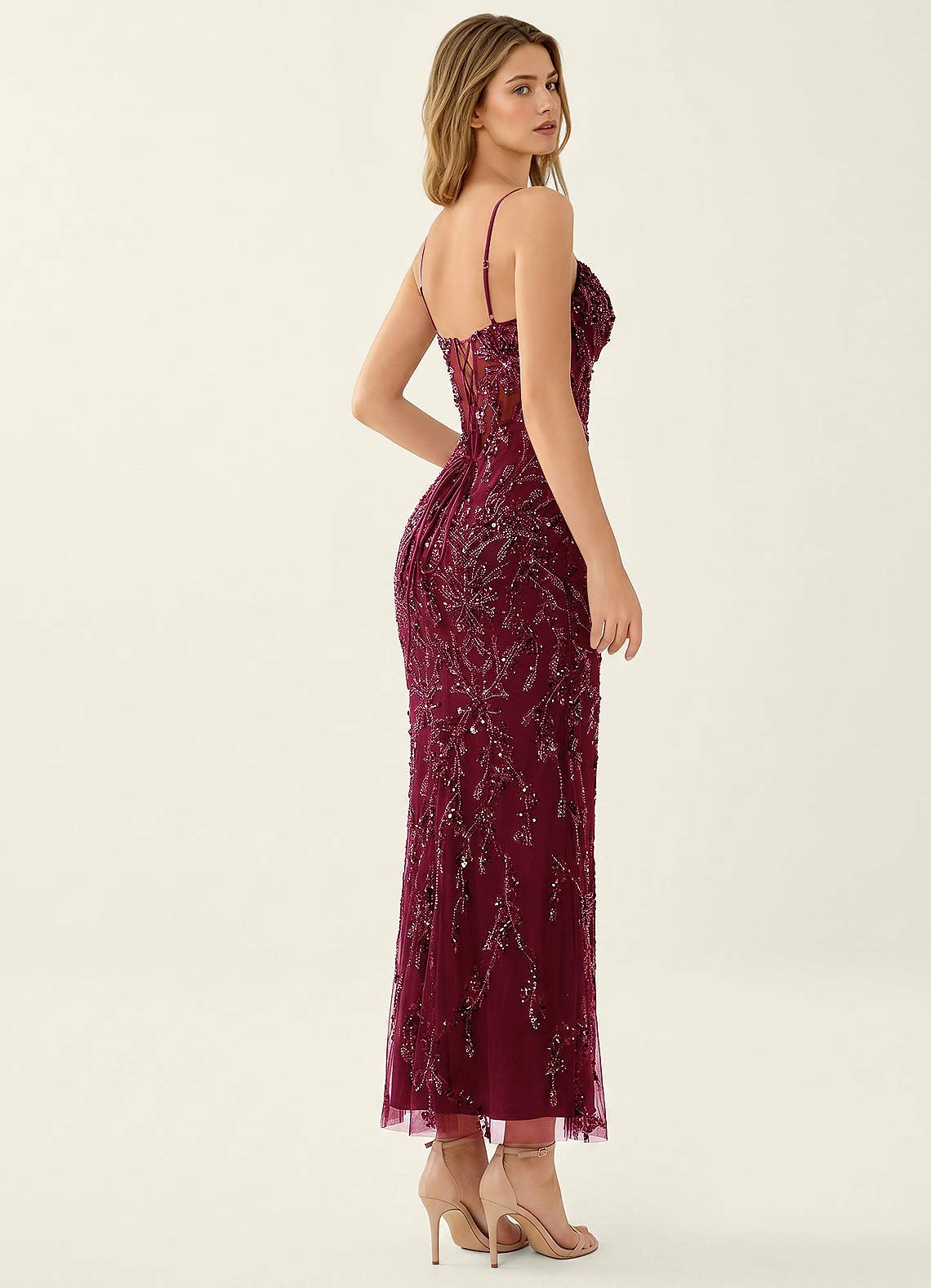 Cathalynne Mermaid Beaded Sequined Stretch Mesh Prom Dress in Burgundy