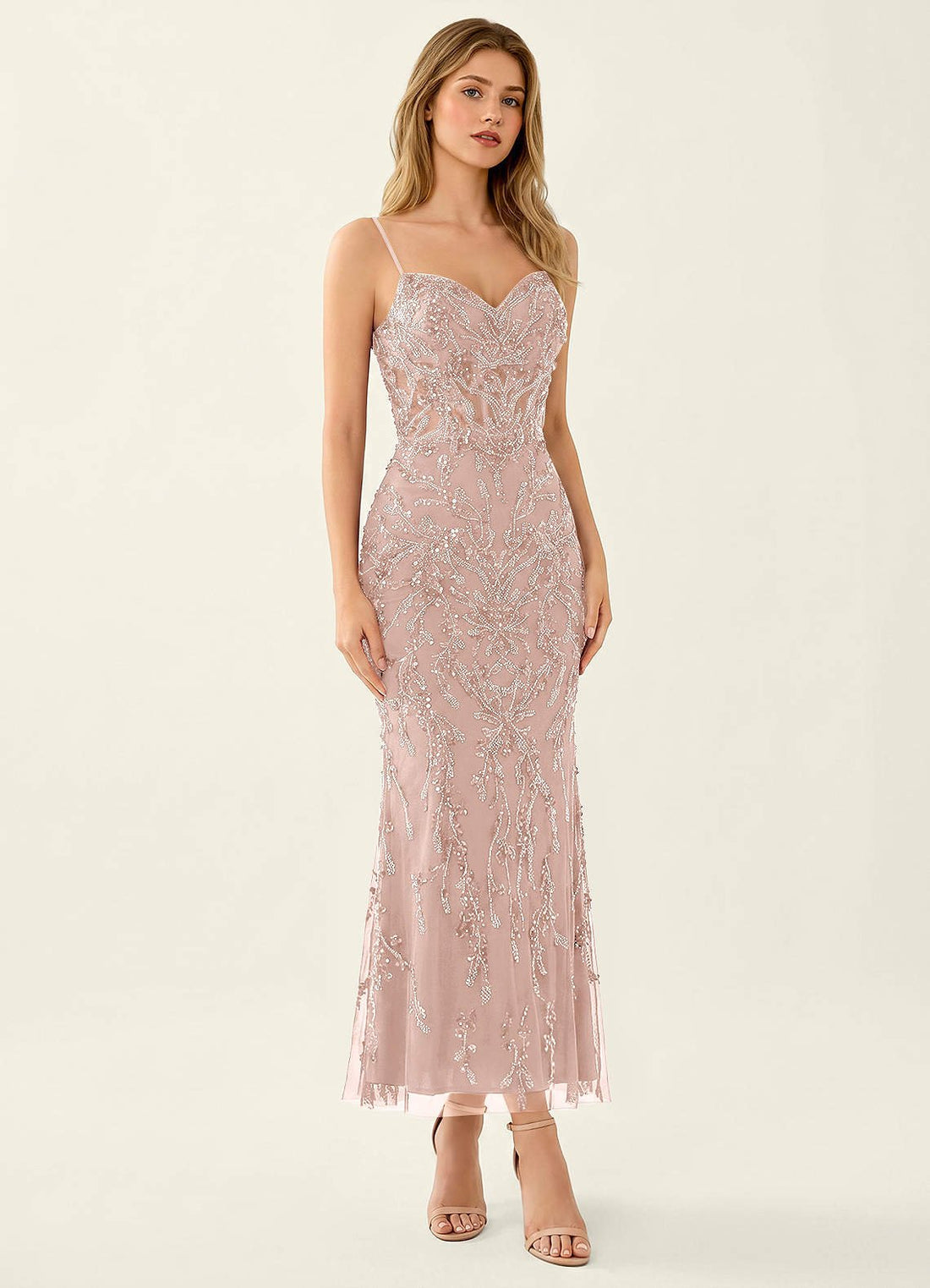 Cathalynne Mermaid Beaded Sequined Stretch Mesh Prom Dress in Light Pink