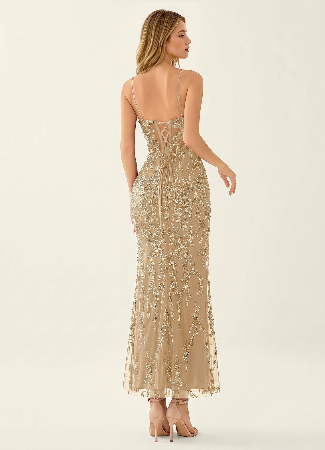 Cathalynne Mermaid Beaded Sequined Stretch Mesh Prom Dress in champagne