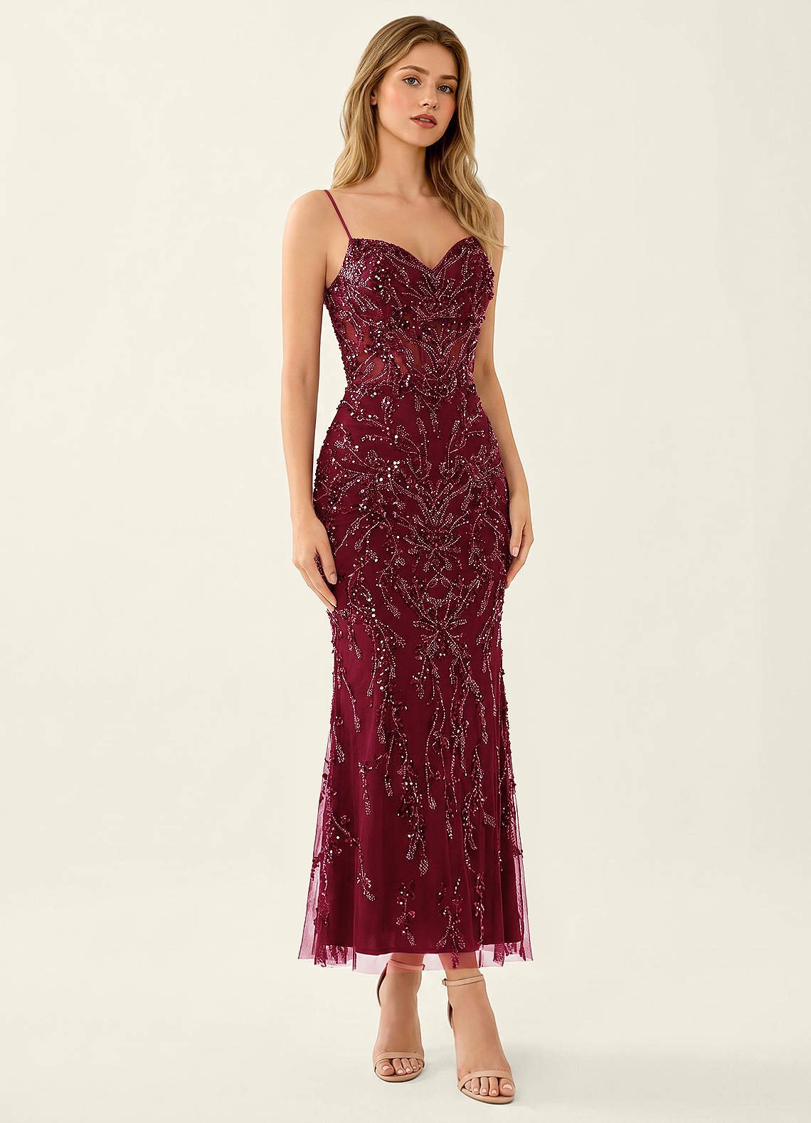 Cathalynne Mermaid Beaded Sequined Stretch Mesh Prom Dress in Light Pink