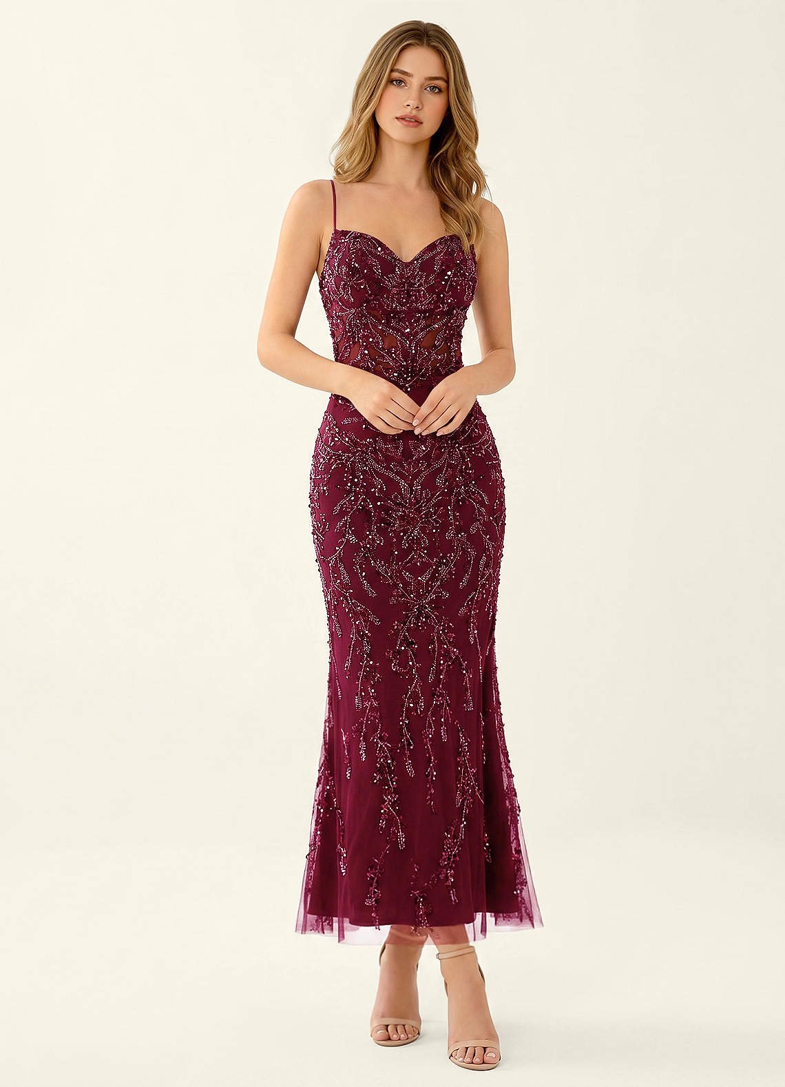 Cathalynne Mermaid Beaded Sequined Stretch Mesh Prom Dress in Burgundy