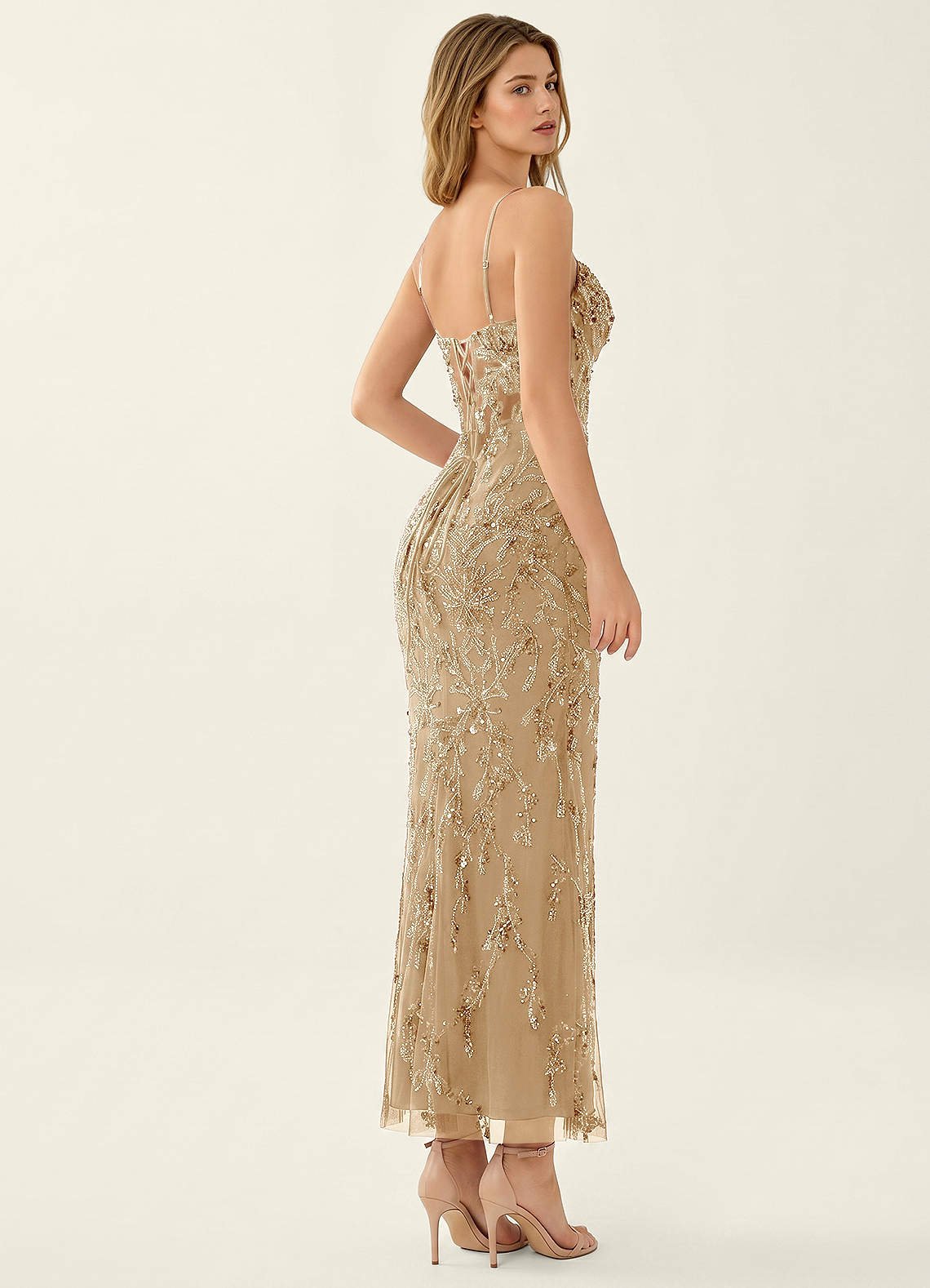 Cathalynne Mermaid Beaded Sequined Stretch Mesh Prom Dress in champagne