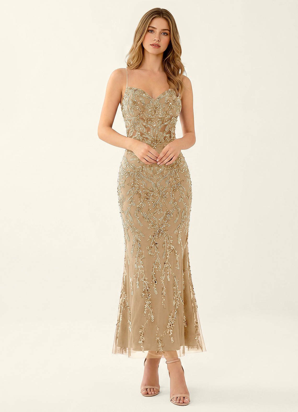 Cathalynne Mermaid Beaded Sequined Stretch Mesh Prom Dress in champagne