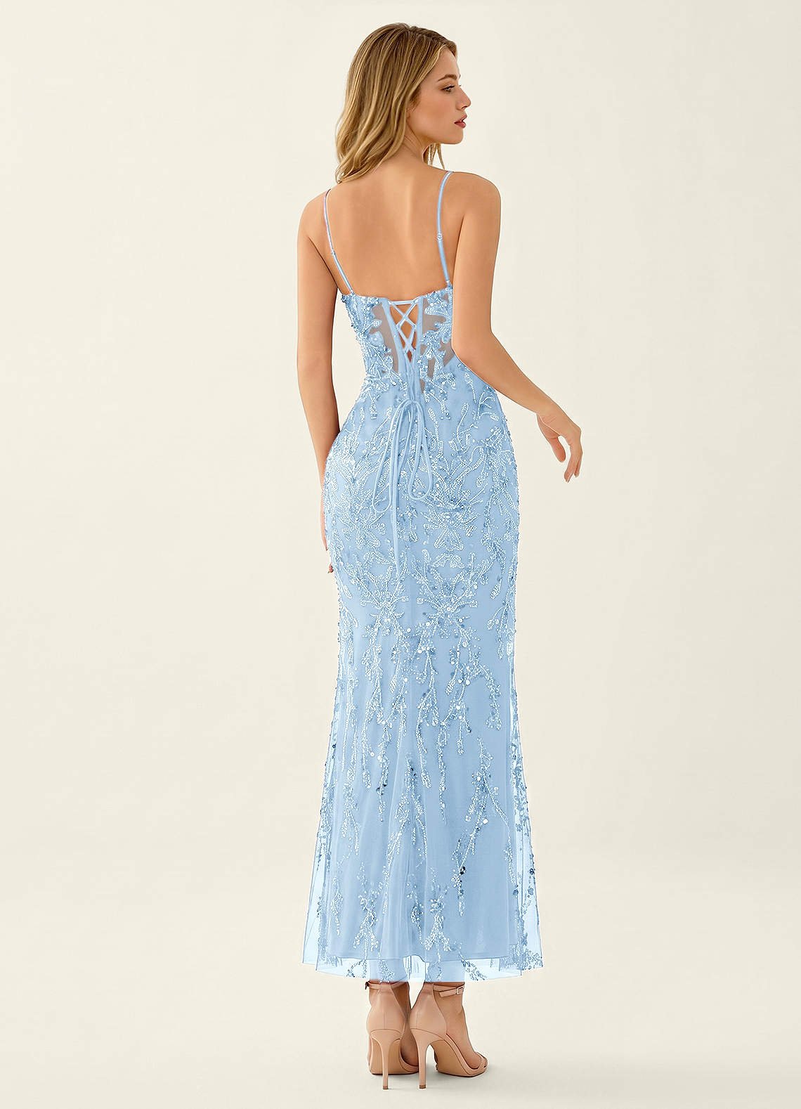 Cathalynne Mermaid Beaded Sequined Stretch Mesh Prom Dress in Sky Blue