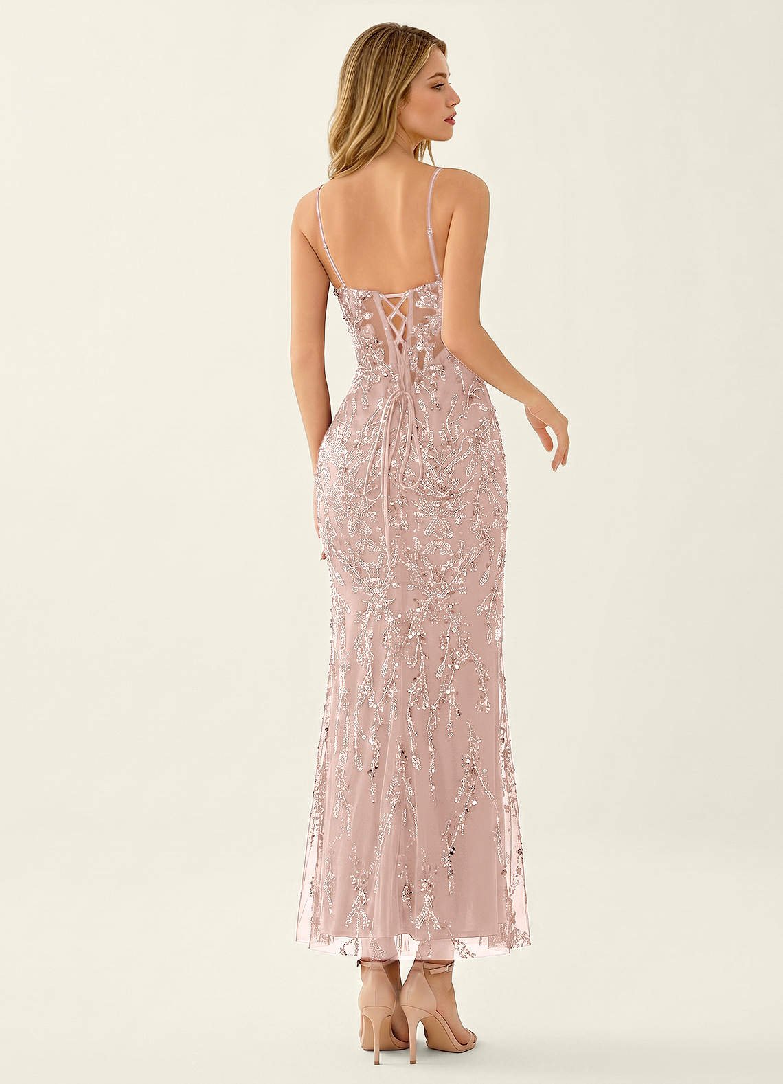 Cathalynne Mermaid Beaded Sequined Stretch Mesh Prom Dress in Light Pink