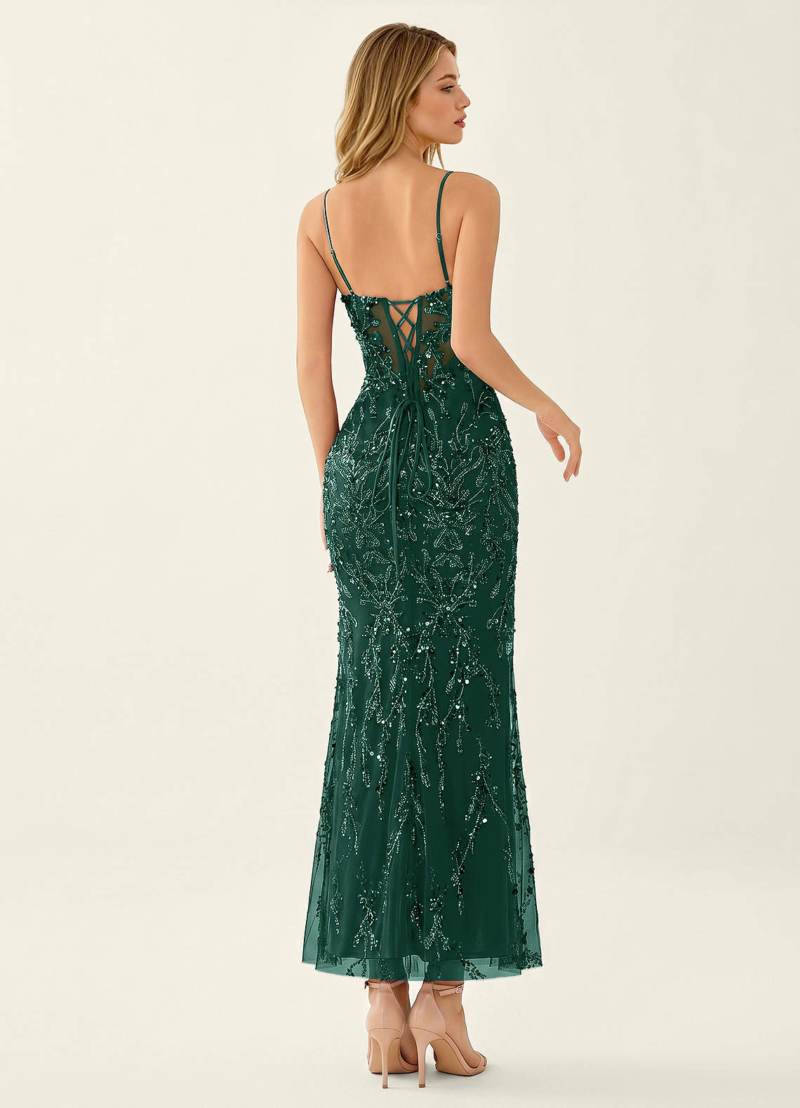 Cathalynne Mermaid Beaded Sequined Stretch Mesh Prom Dress in Dark Green