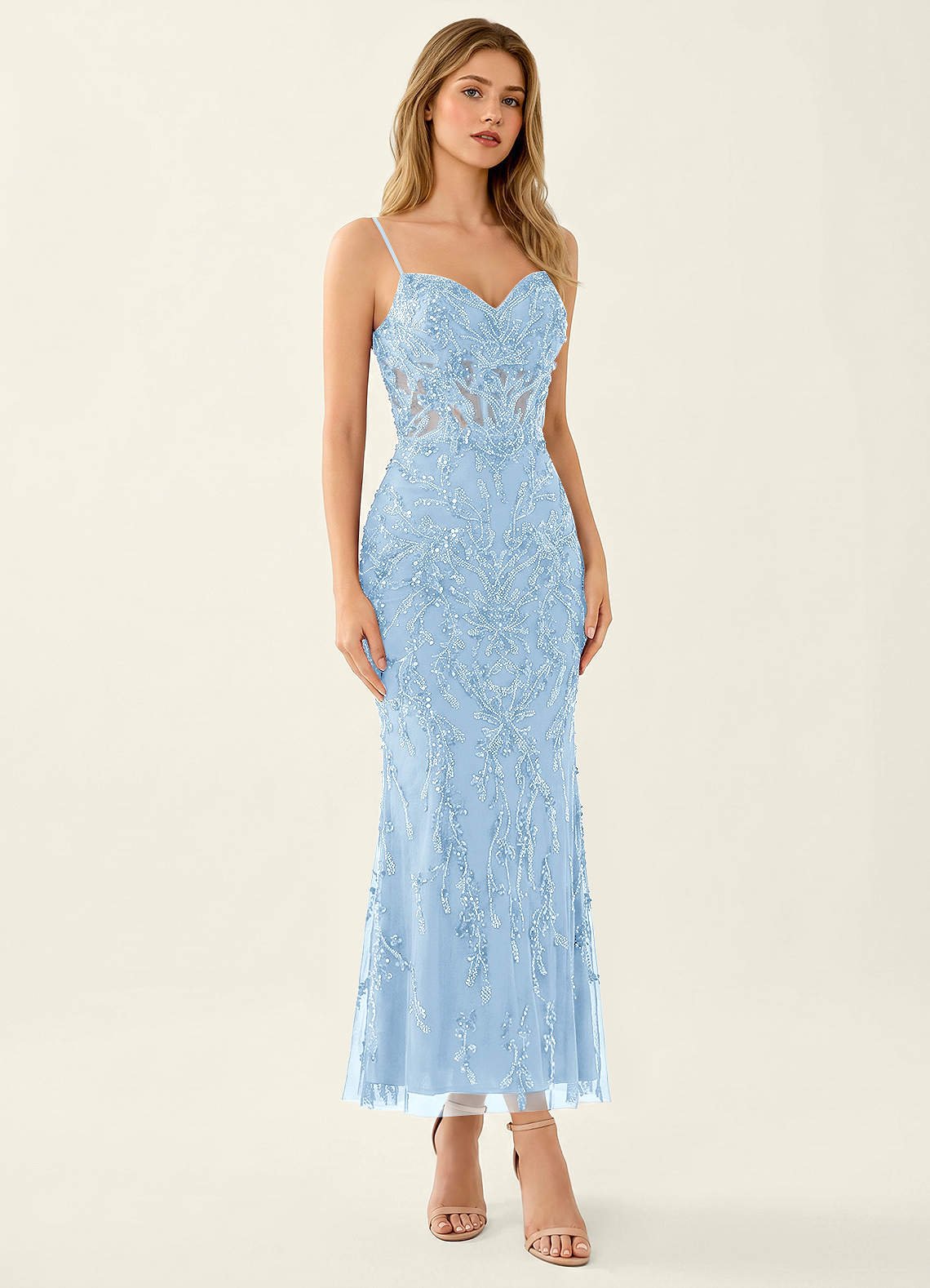 Cathalynne Mermaid Beaded Sequined Stretch Mesh Prom Dress in Light Pink
