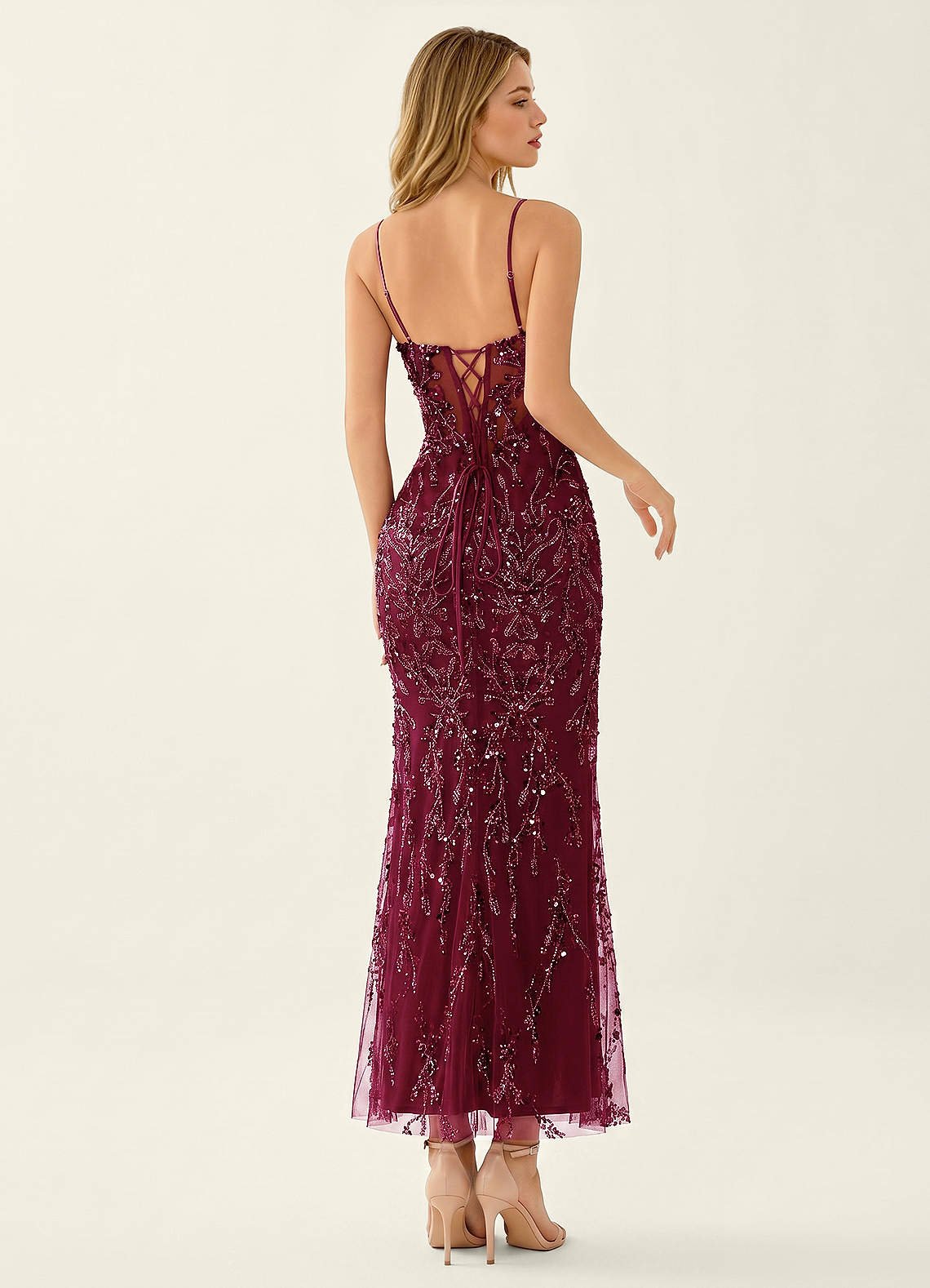 Cathalynne Mermaid Beaded Sequined Stretch Mesh Prom Dress in Burgundy