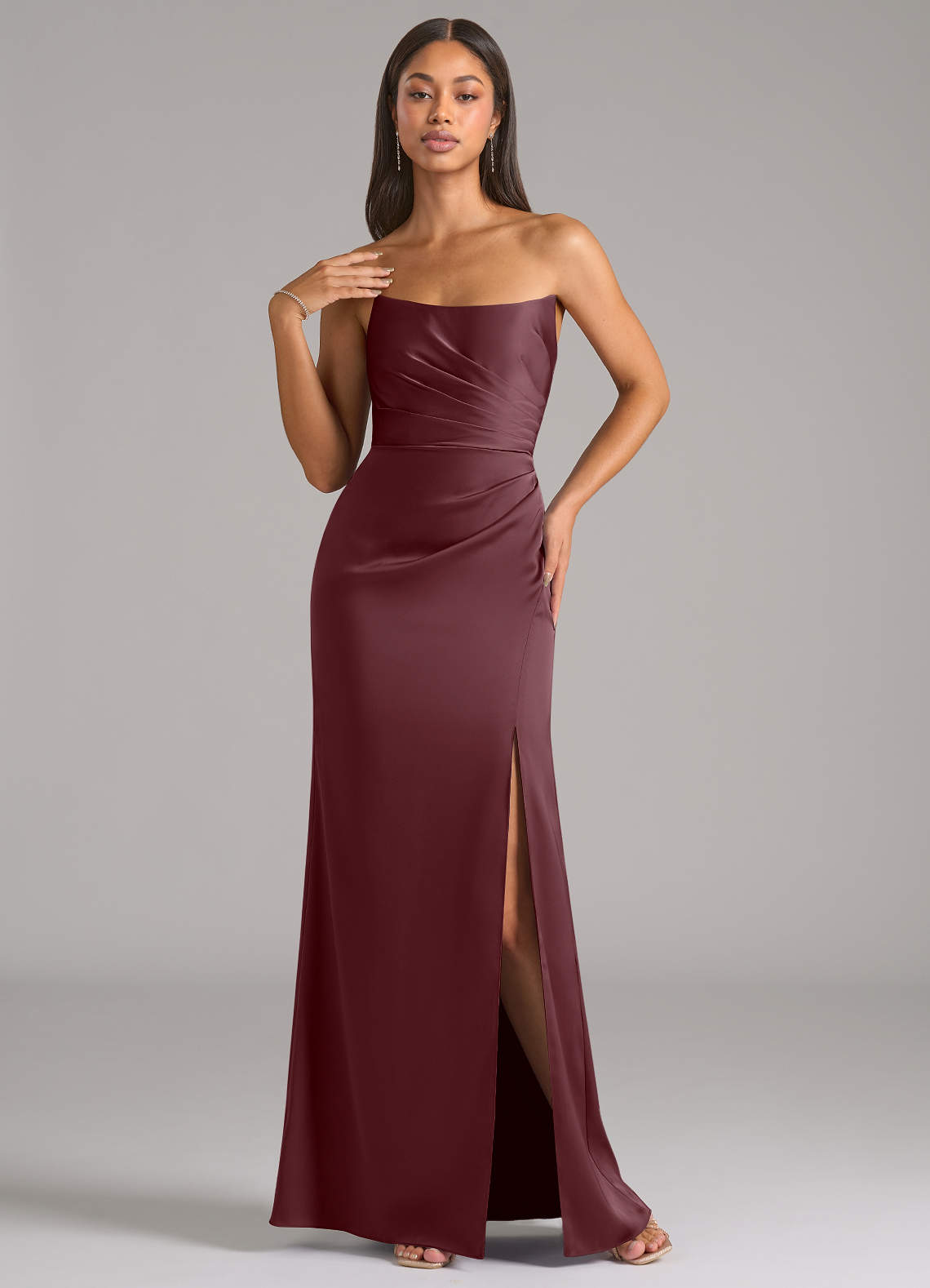 Marla Sheath Strapless Stretch Satin Bridesmaid Dress in Sangria