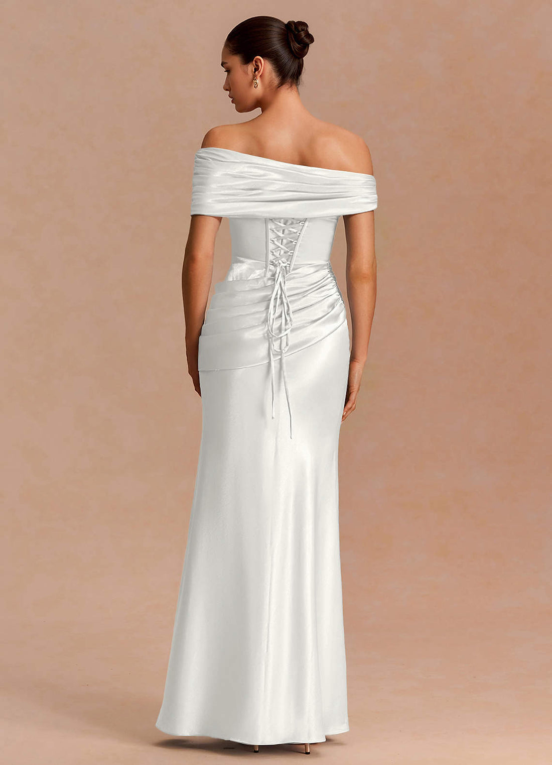 Leonie Strapless Draped-Shoulder Satin Evening Dress in White