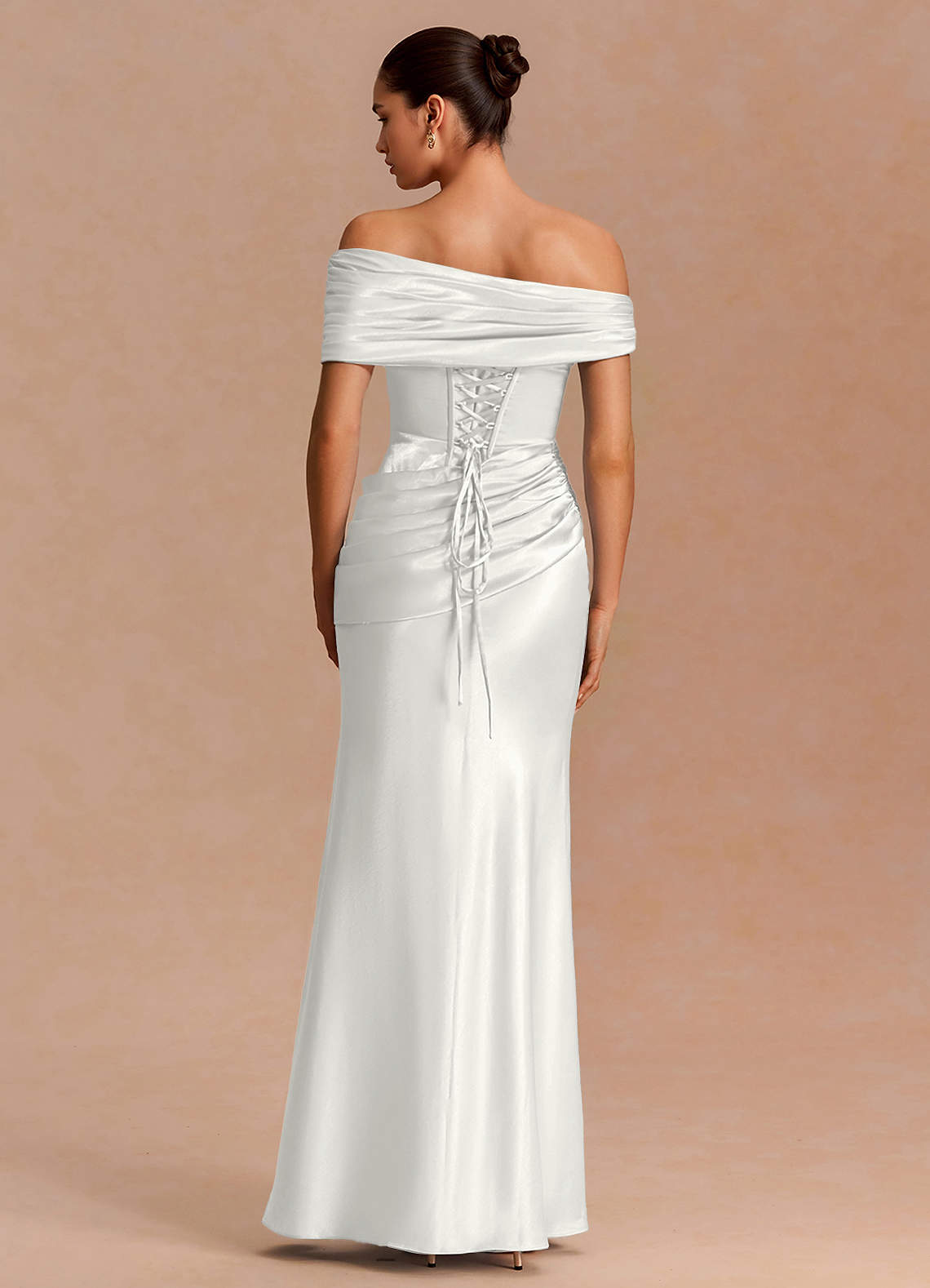 Leonie Strapless Draped-Shoulder Satin Evening Dress in White