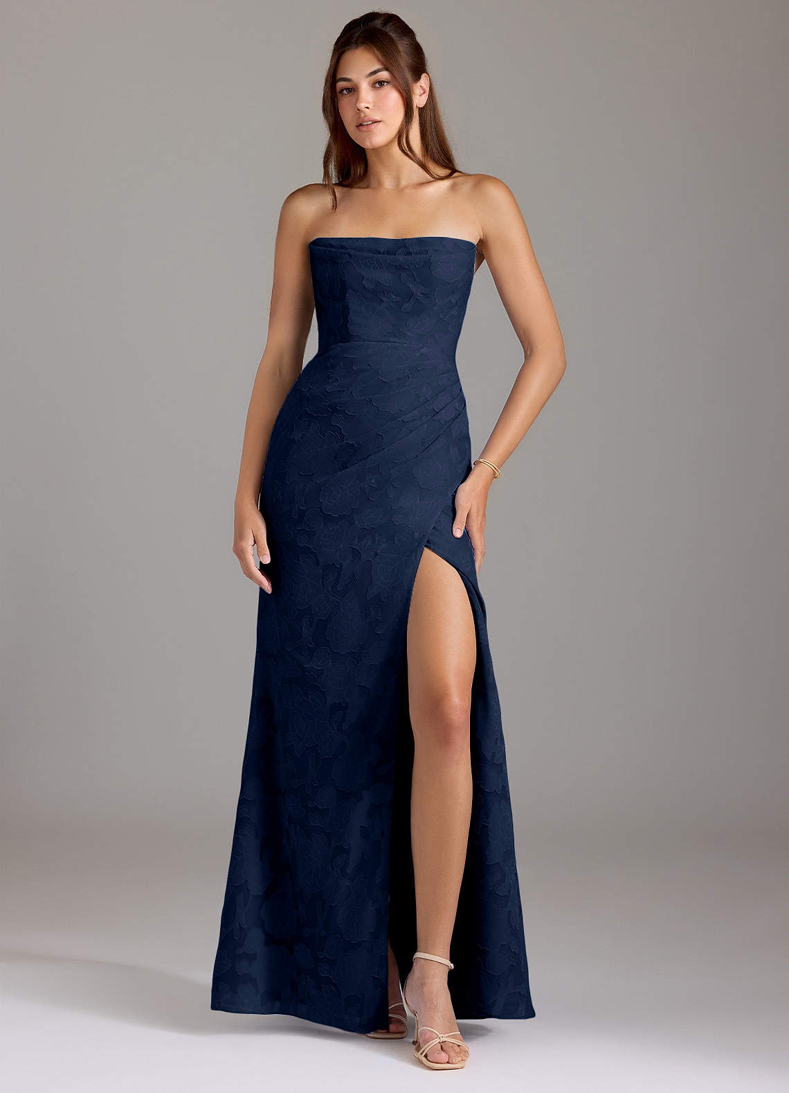 Leonis Sheath Strapless Floral Burnout Bridesmaid Dress in Dark Navy