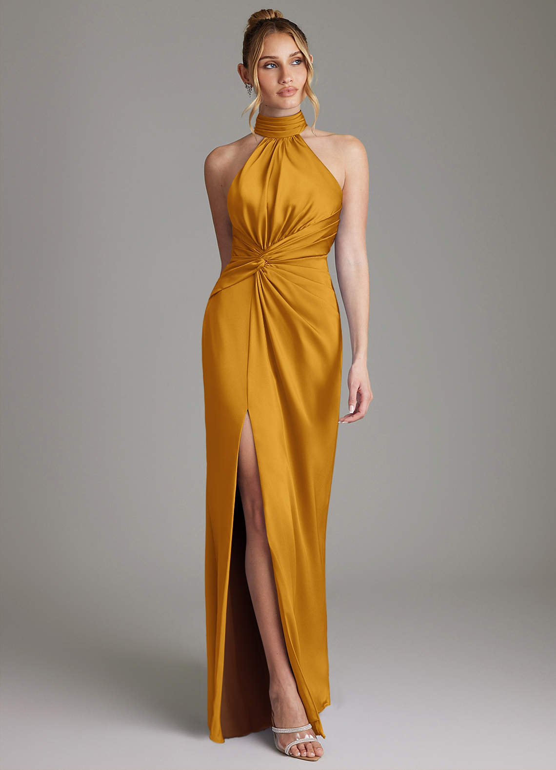 Gracelynn Sheath Halter Stretch Satin Bridesmaid Dress in butterscotch