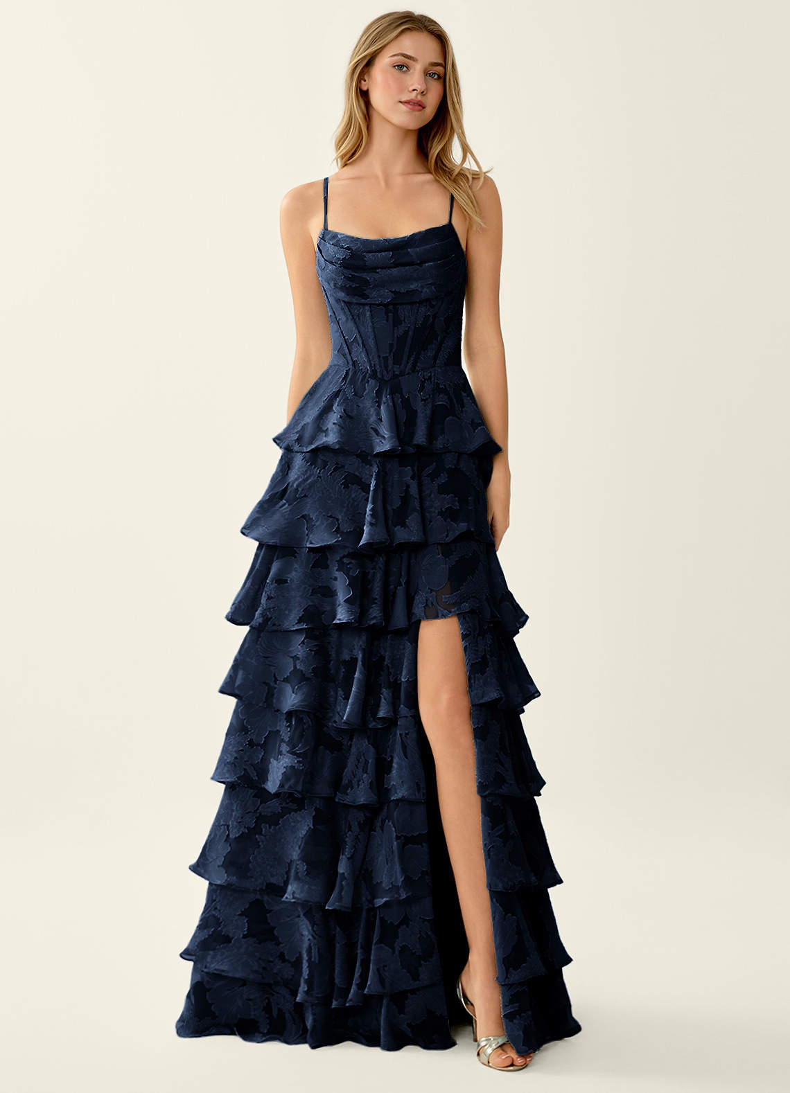 Wrenana A-Line Cowl-Neck Floral Burnout Evening Dress in Navy