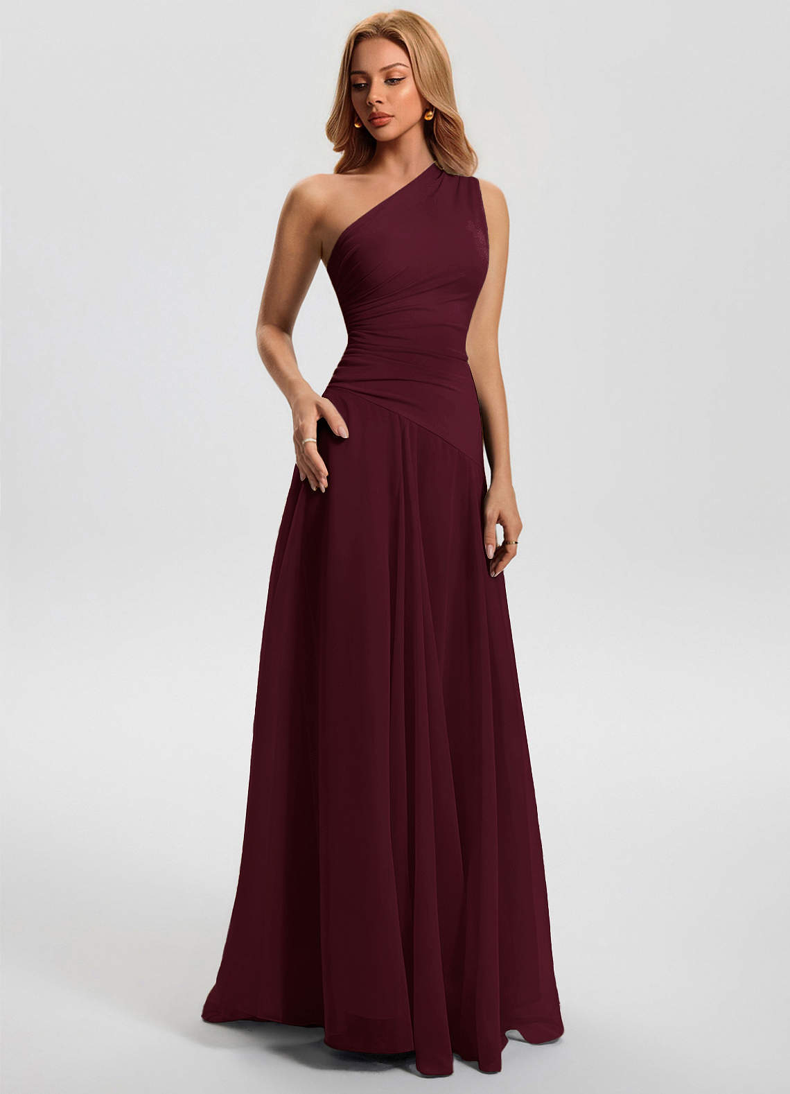 Sylvaine A-Line One-Shoulder Chiffon Wedding Guest Dress in Wine