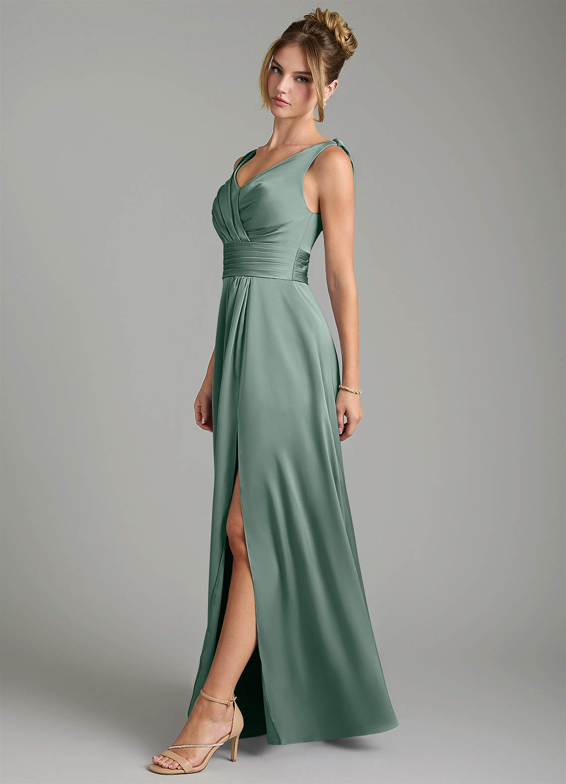 Karina A-Line V-Neck Stretch Satin Bridesmaid Dress in Silver Sage