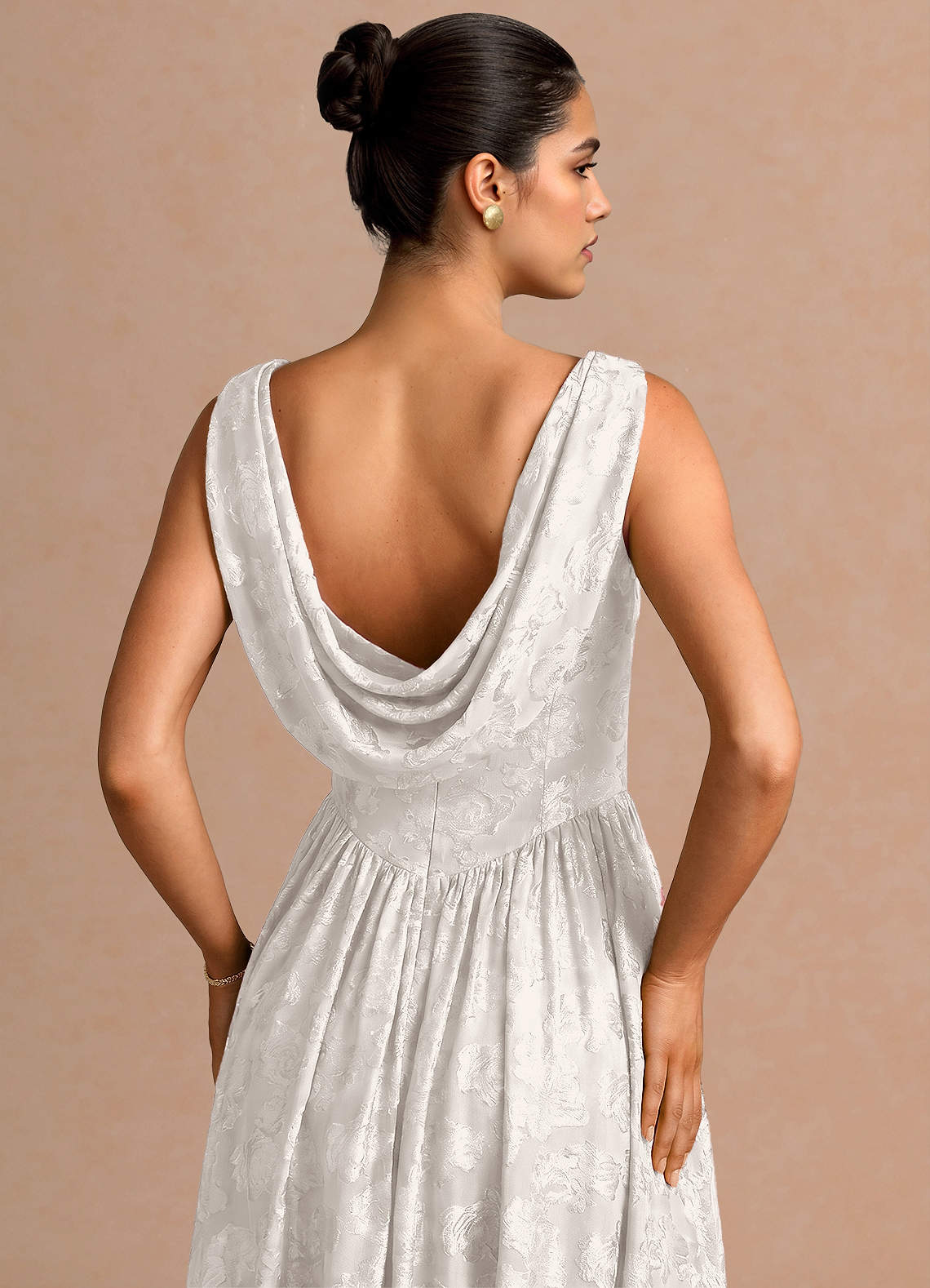 Novi A-Line Draped-Neck Floral Fil Coupé Evening Dress in White