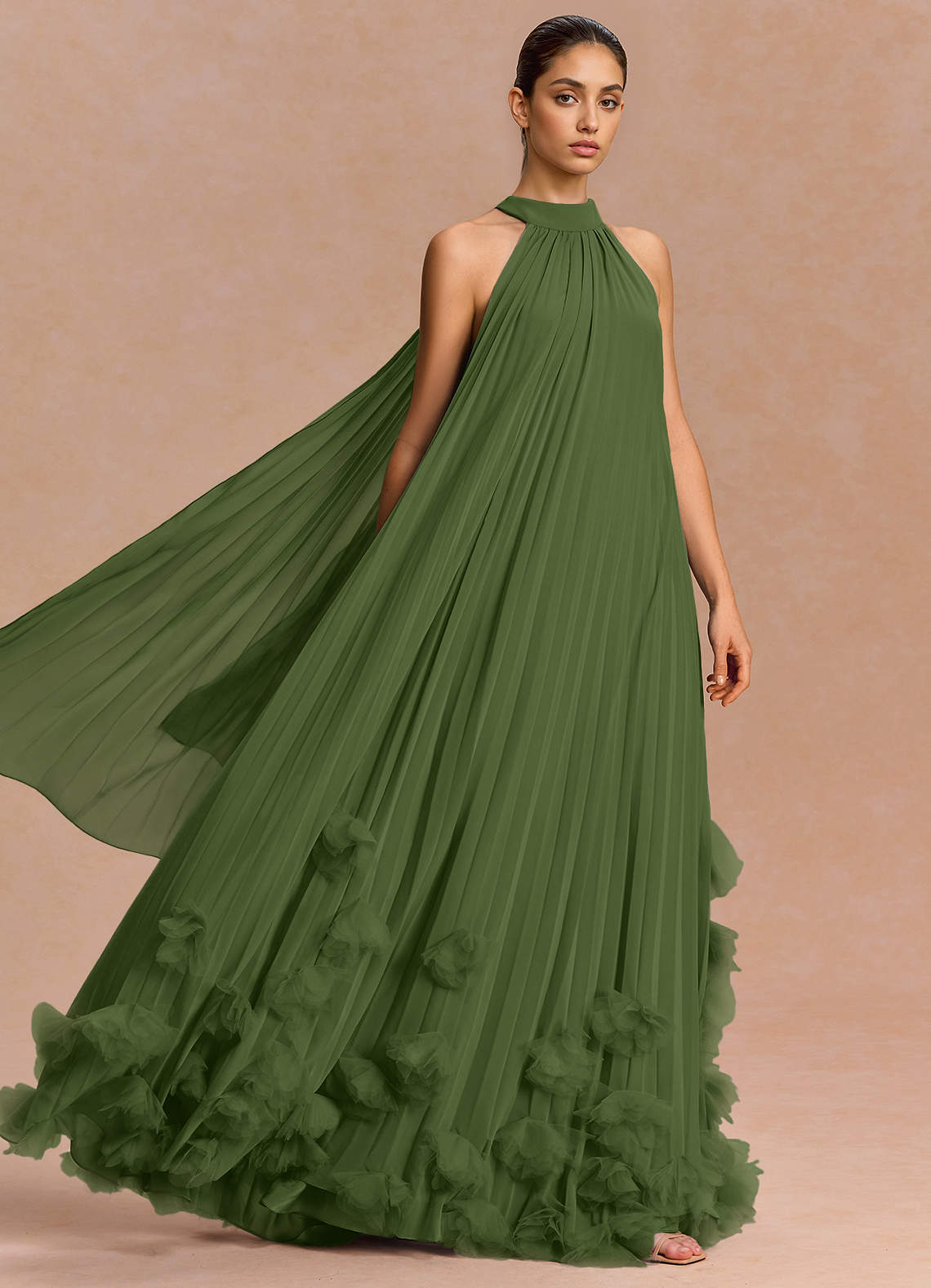 Lucette A-Line Halter Chiffon Evening Dress in Olive