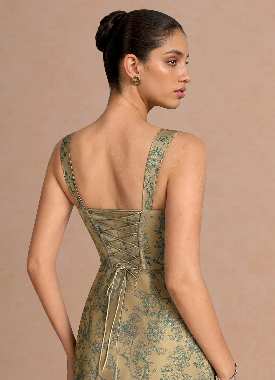 Agustina Square-Neck Pleated Jacquard Evening Dress in Green Brown