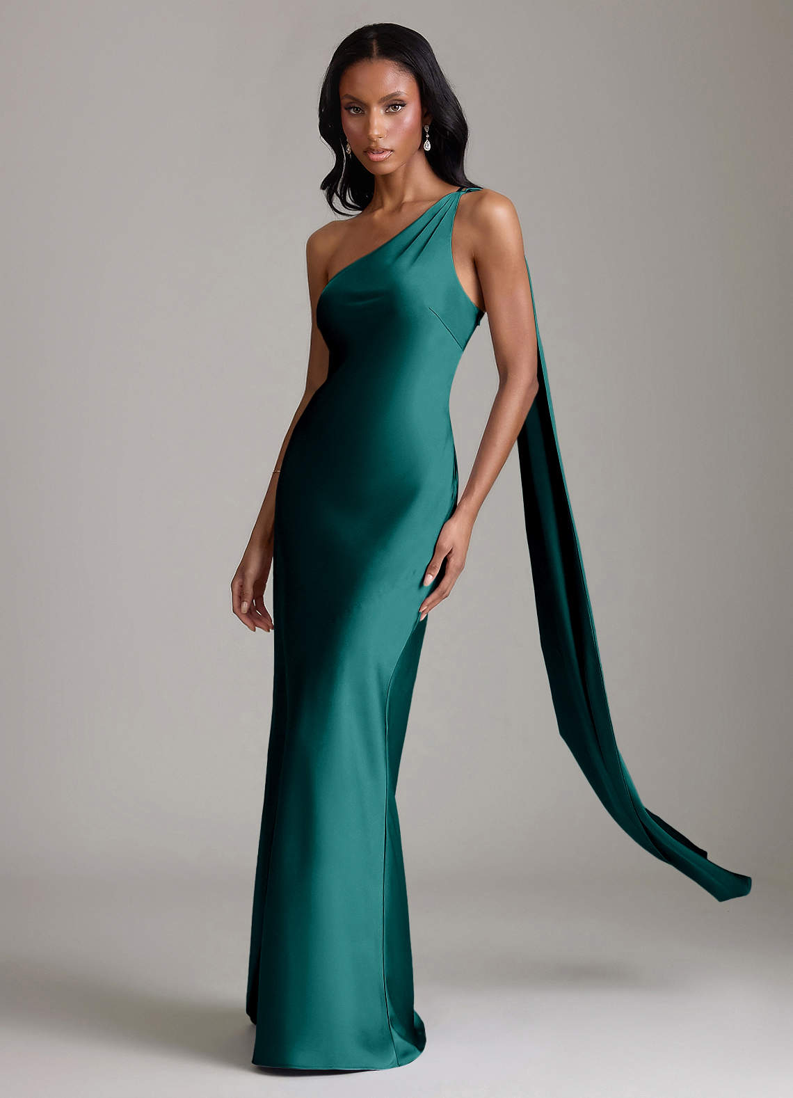Juniper Mermaid One-Shoulder Stretch Satin Bridesmaid Dress in Peacock
