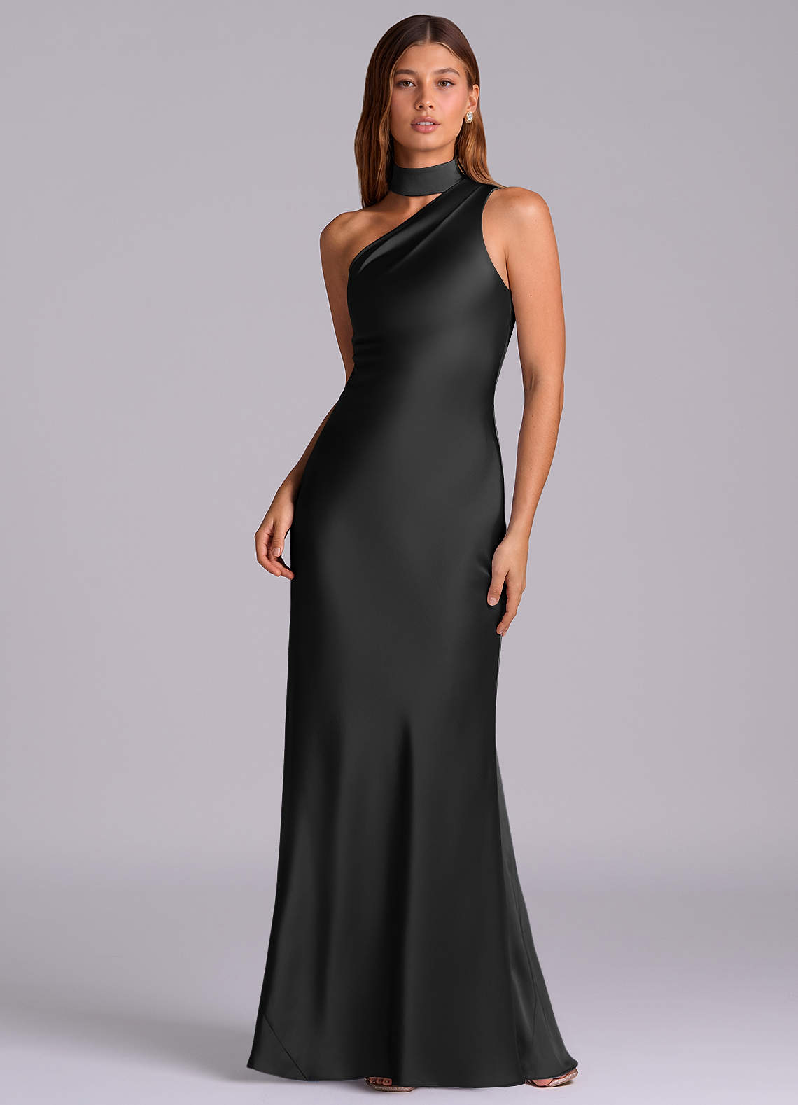 Seona Mermaid One-Shoulder Stretch Satin and Tulle Bridesmaid Dress in black